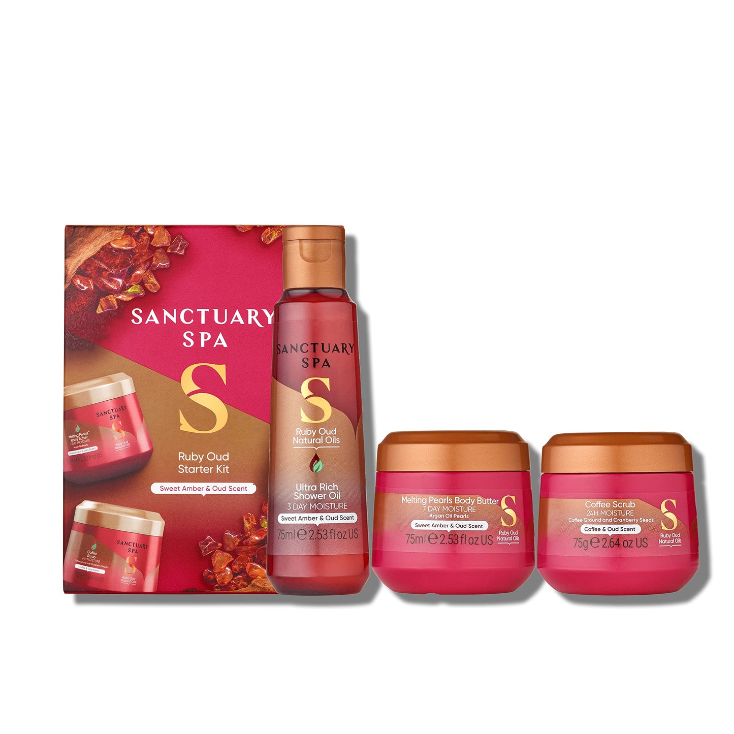 Sanctuary Spa Ruby Oud Gift Set ? Vegan & Cruelty-Free 3-Piece Travel Spa Trio with Shower Oil, Coffee Scrub & Body Butter ? Luxurious Oud & Amber