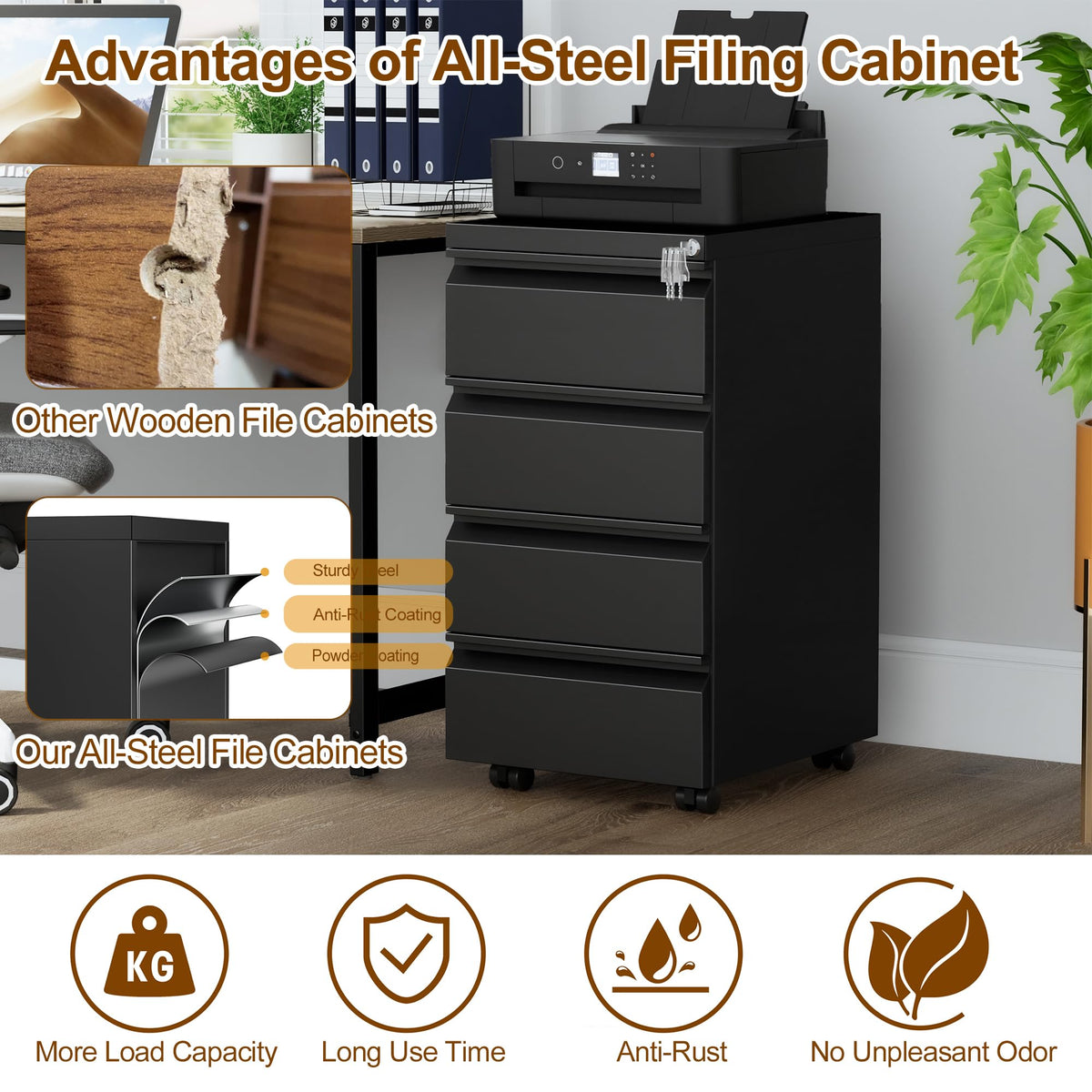 HOMSTEEL 4 Drawers File Cabinet, Metal Filing Cabinet with Lock, Mobile File Cabinet, Fully Assembled Except Casters, for Office, Home Office, Black