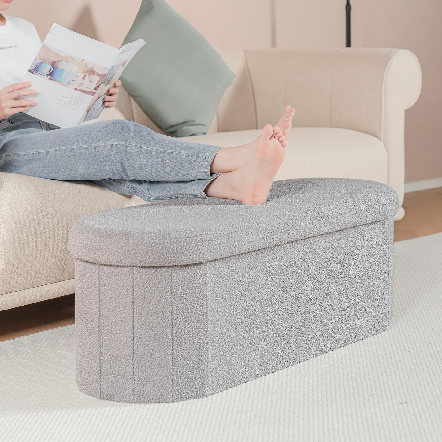 Bonlife Folding Ottoman Storage Bench,Boucle Footstool Oval, End of Bed Stool, Ideal for Living Room, Bedroom, 100L Storage Space,Grey