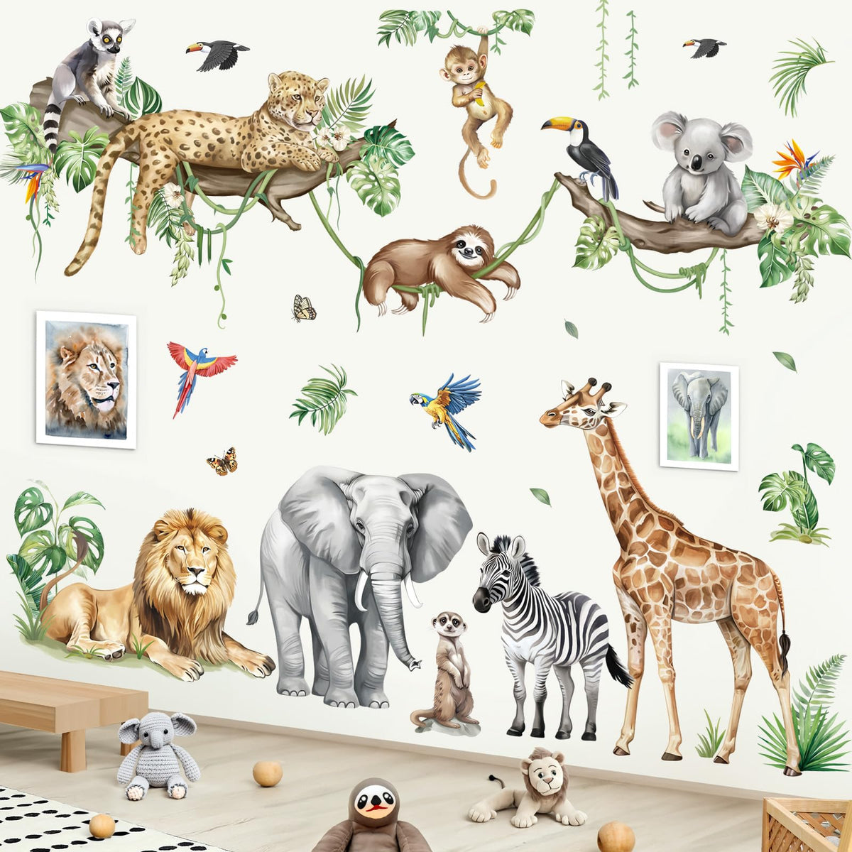 decalmile Large Jungle Animals Tree Branch Wall Stickers Safari Elephant Giraffe Leopard Tropical Leaves Wall Decals Baby Nursery Kids Room Wall