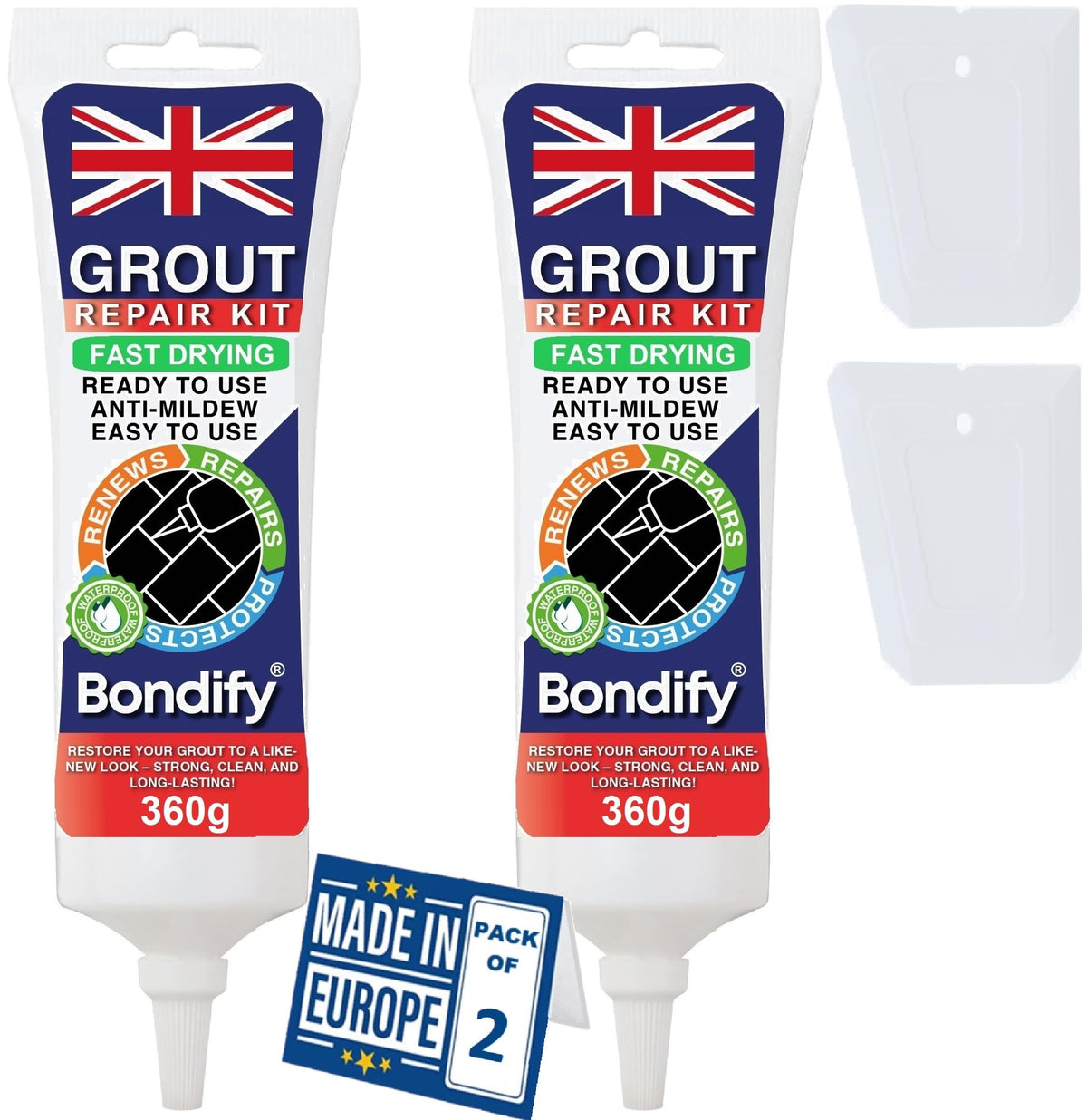 BONDIFY Waterproof White Grout Repair Kit Ready Mixed, 360g x 2PCs FAST DRYING, EXTRA VOLUME Anti Mould White Tile Grout Reviver for Shower, Bathroom,