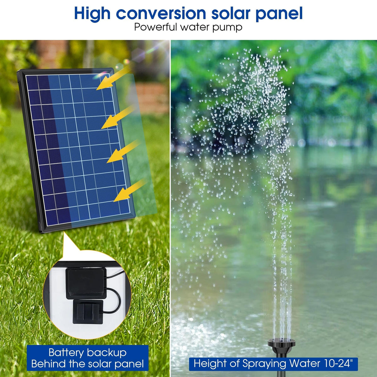 Billing Solar Pond Foundtain with Battery Backup, 8W 300L/H Solar Water Pump with 3600 mAh Battery Backup Filter Solar Water Feature Pump with DIY 5ft