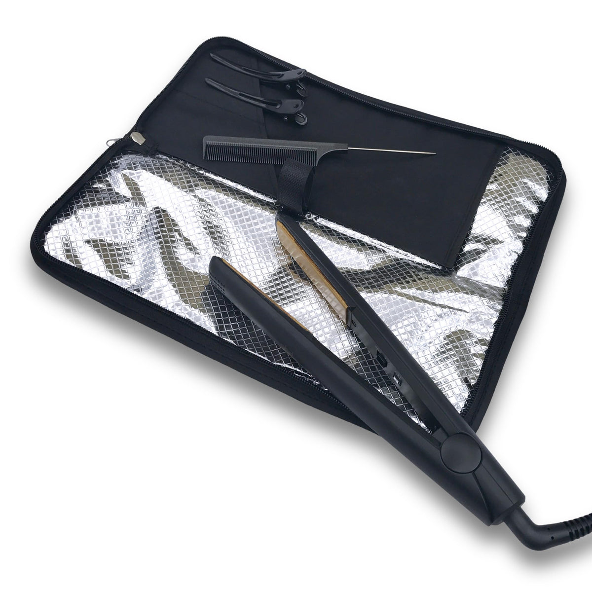 Hair Straightener Mat & Pouch by j&m - Heat Resistant - Fits ghd, BaByliss & Larger Straighteners - Zip-Up All-in-One Compact Travel Case (Original