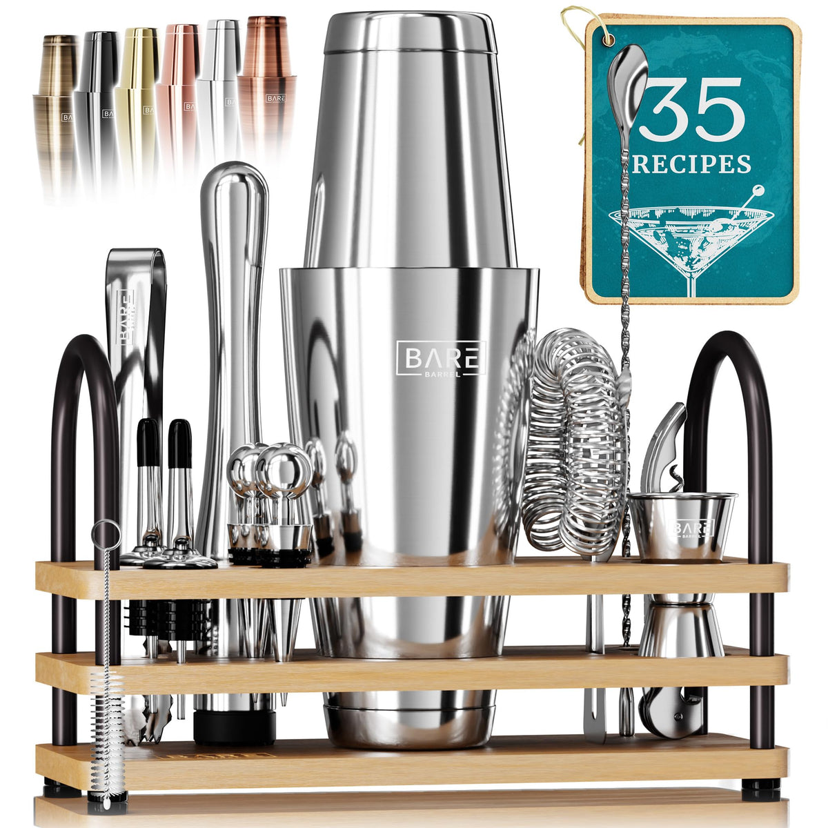 BARE BARREL Cocktail Making Kit | 14-Piece Bartender Kit Cocktail Shaker Set Maker | Display Stand & 35 Recipe Cards | Mixology Cocktail Gift Set