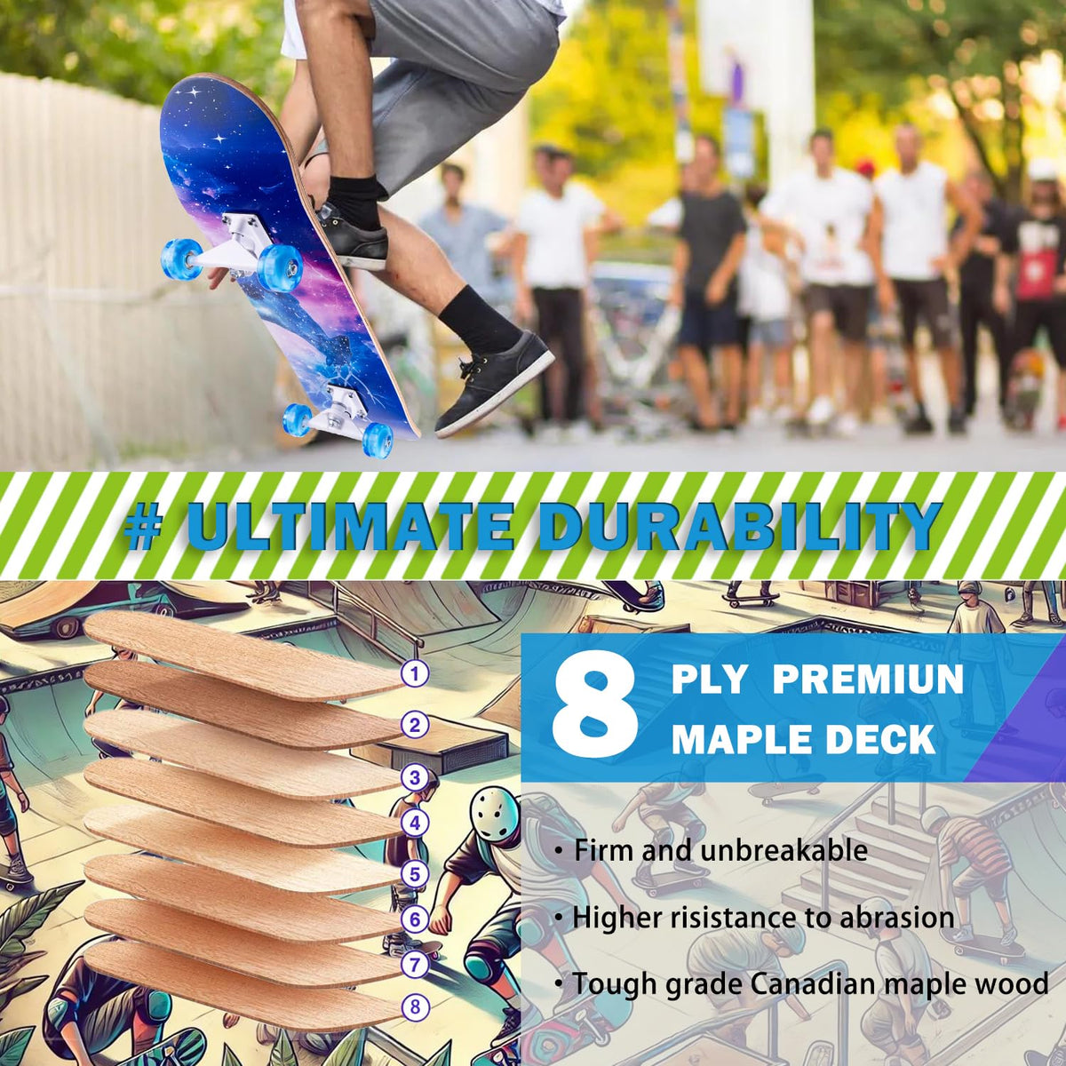 CLYCTIP Skateboards,31 x 8 inch Complete Skateboard for Beginners,8 Layer Maple Concave Cruiser Trick Skateboard for Teens and Adults (Blue-L)