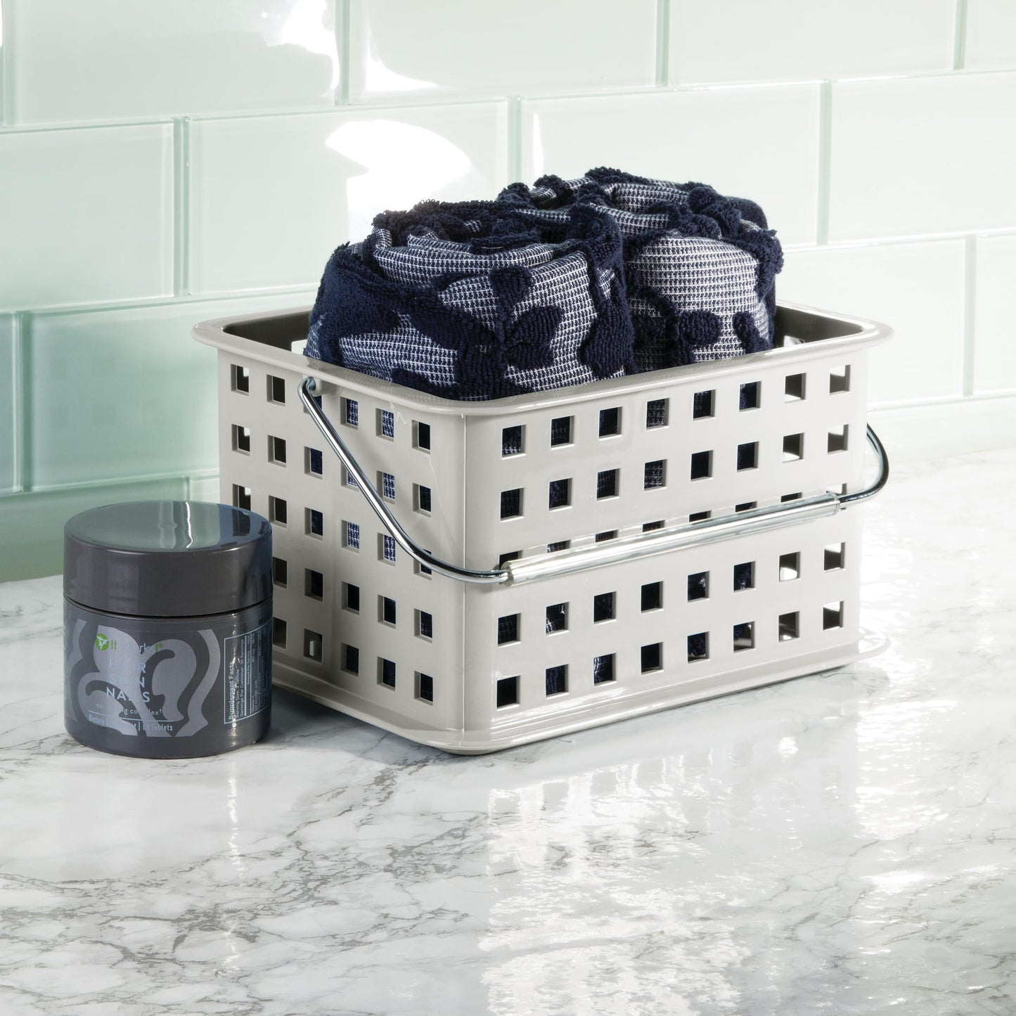 iDesign 61226 Basic Storage Basket, Small Plastic Bath Basket for Shower and Care Accessories, Light Grey