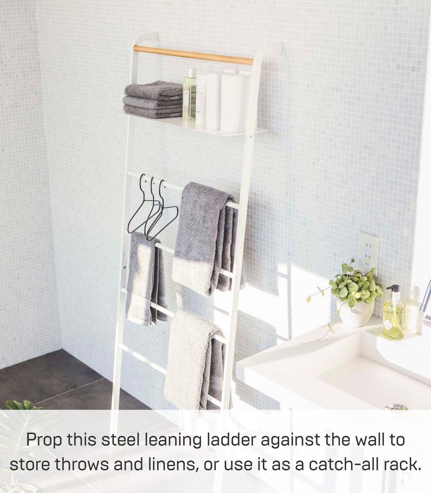 Yamazaki 3871 TOWER Ladder Hanger with Shelf, White, Steel/Wood, Minimalist Design, 66 x 30～38 x 160 cm (LxWxH)