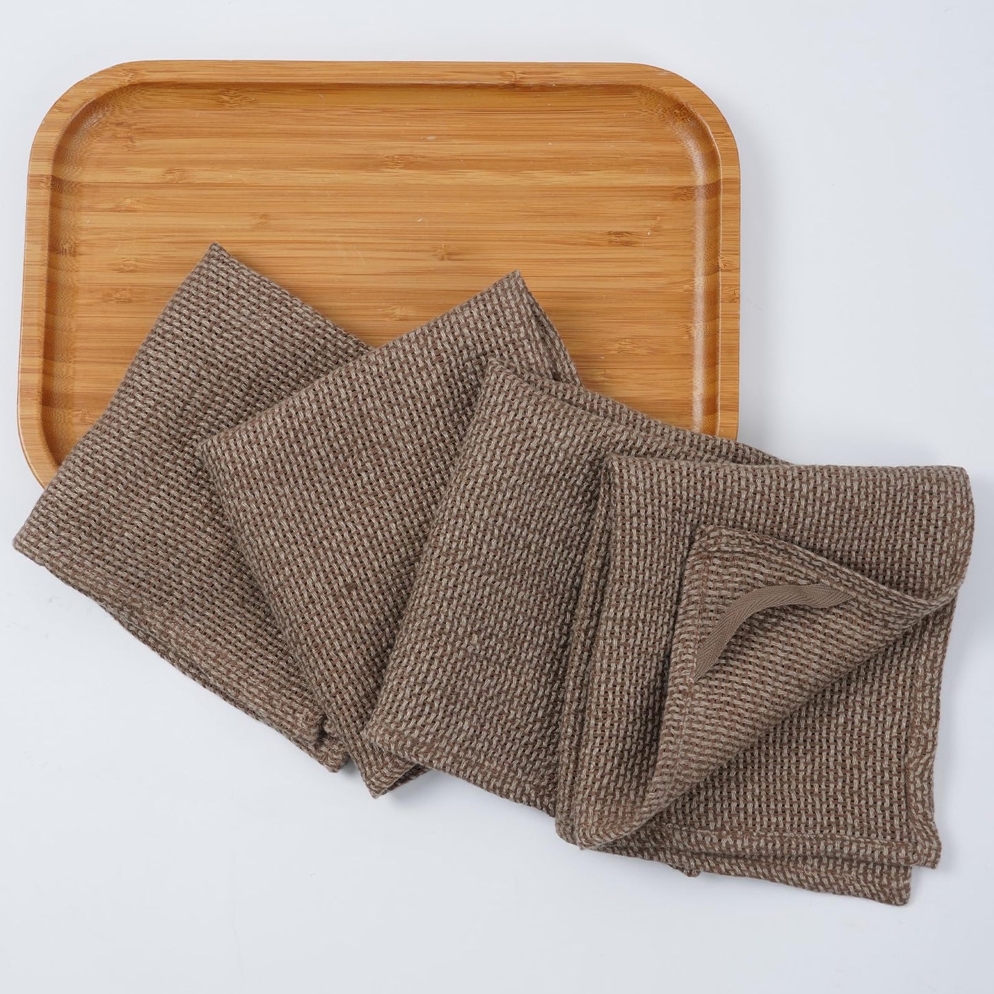 HSOFTIFY 100% Linen Face Cloth for Washing 4 Pack with Hanging Loop, Coffee