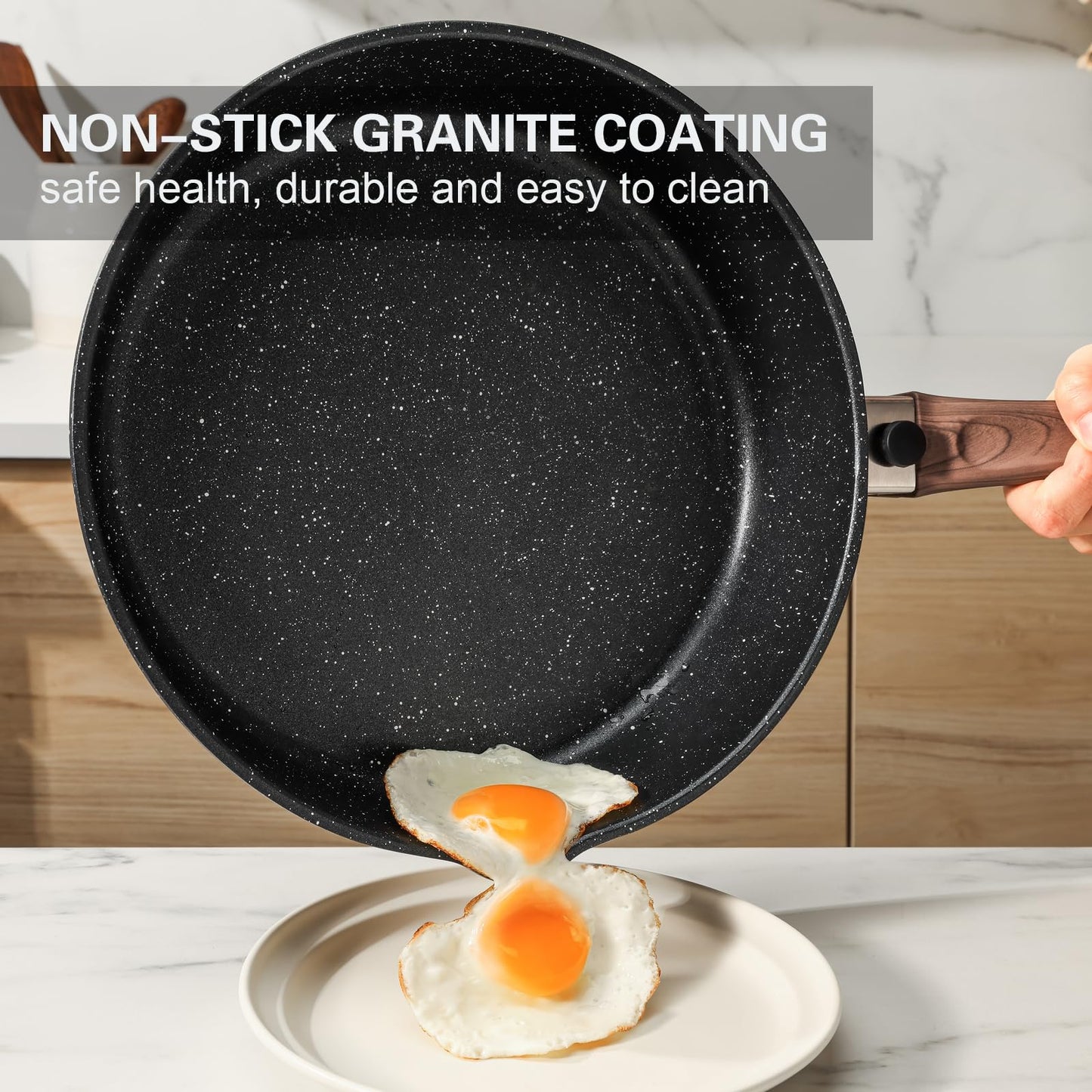Kordisen Nonstick Deep Frying Pan with Lid, 28cm Saute Pan Skillet with Detachable Wood Handle, Granite Stone Coating for Cooking, Induction Cookware,