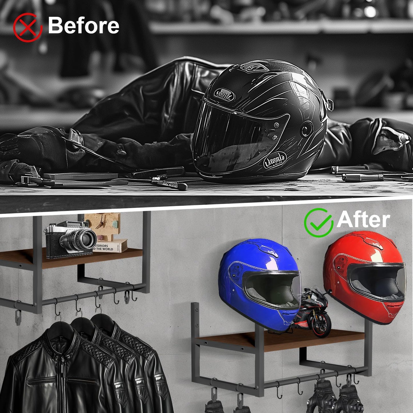 Motorcycle Helmet Holder Wall Mount, Retro Helmet Rack with Wooden Board