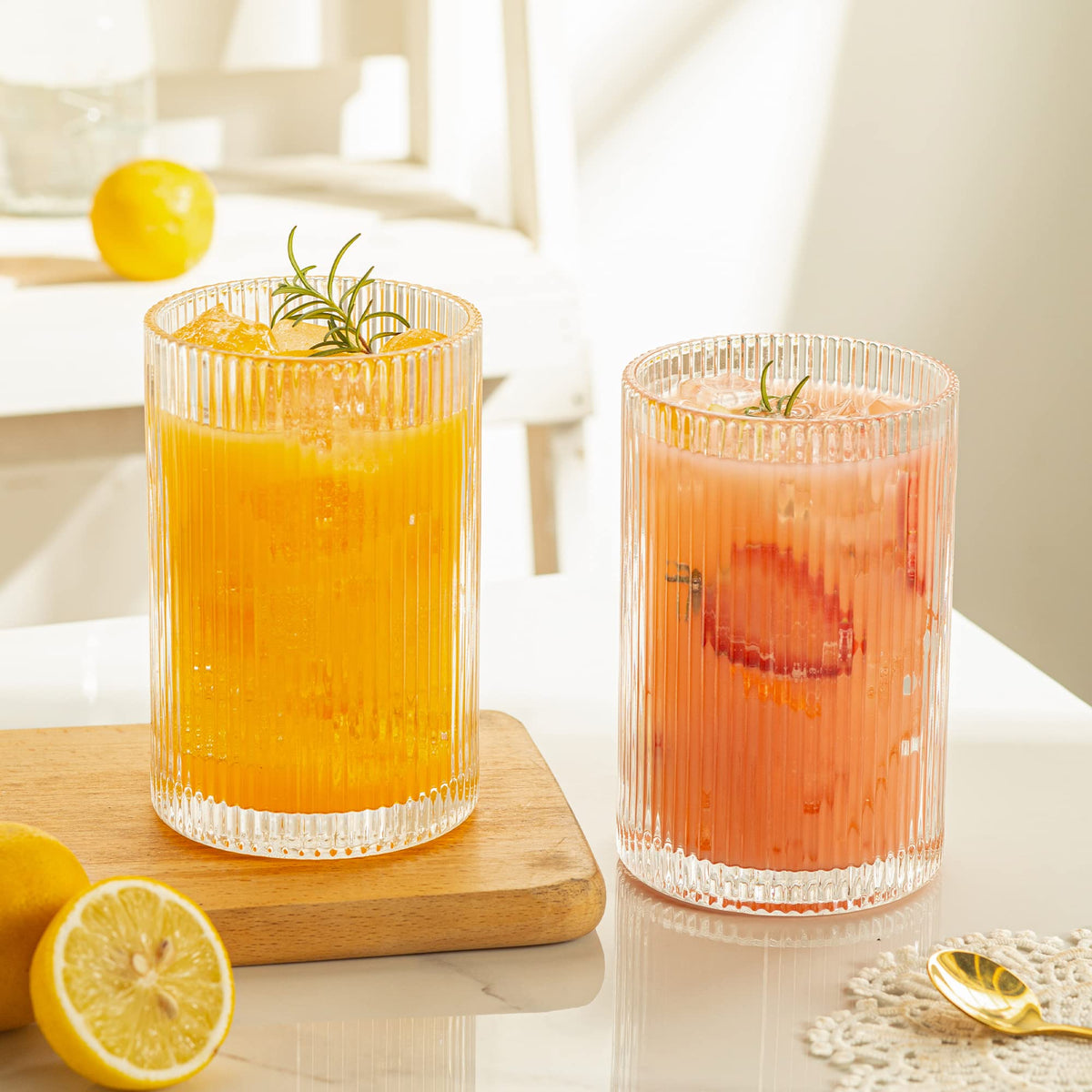 POLIDREAM Vintage Ribbed Glassware Set: 4pcs 16.9oz XL Drinking Glasses, Fluted Ripple Drinkware, Origami Style, Elegant Glassware for Whiskey,