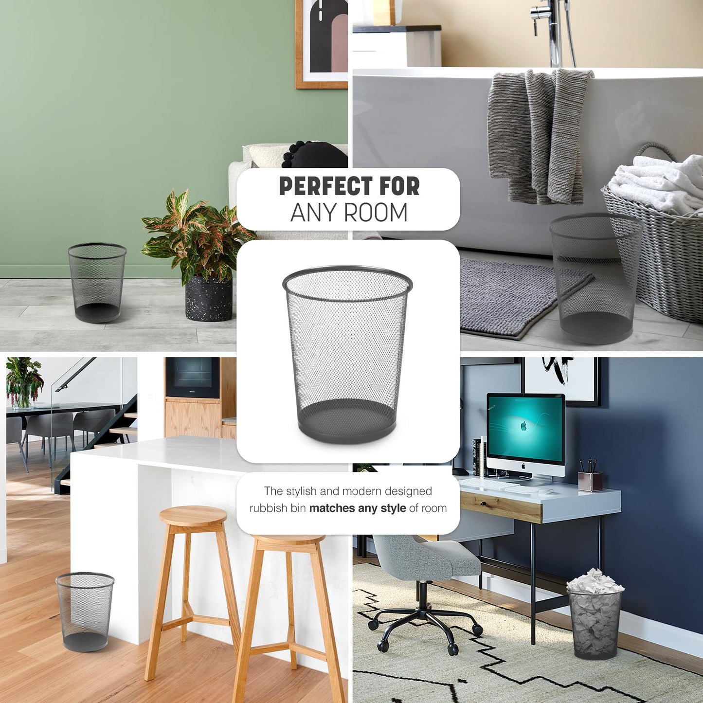 KEPLIN Round Trash Can - 1 Pack Silver Non-slip Mesh Bin, Stylish & Sturdy Metal Can for Home, Bedroom, Office, Bathroom, Living Room & Kitchen