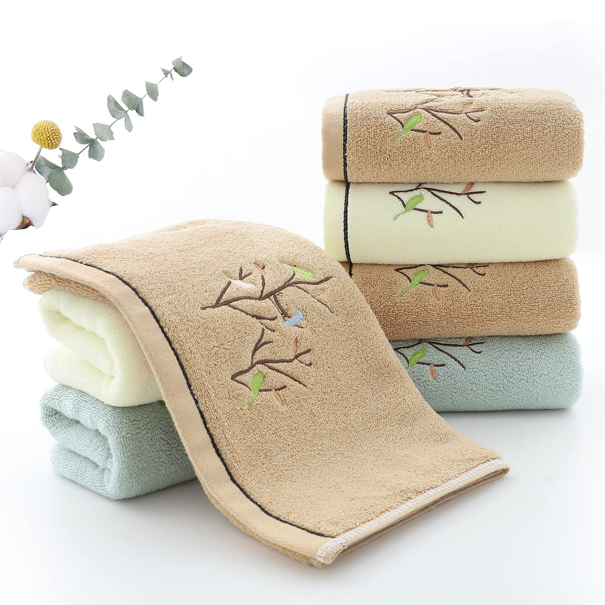 Pidada Hand Towels Set of 2 Embroidered Bird Tree Pattern 100% Cotton Absorbent Soft Decorative Towel for Bathroom 35 x 75 cm (Brown)