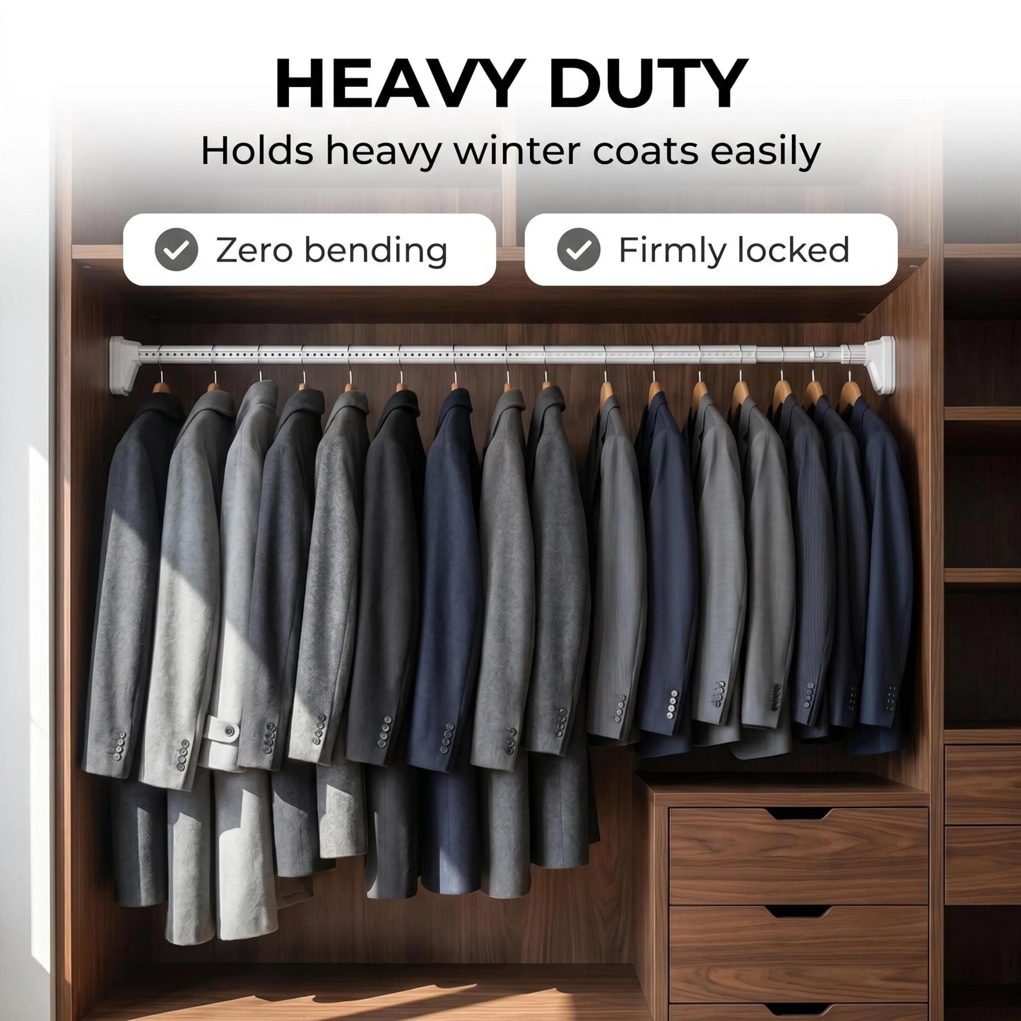 Heavy Duty Tension Pole, Extendable Curtain Rod No Drill - Telescopic Adjustable Rods for Window or Door, Strong Support for Clothes Hanging