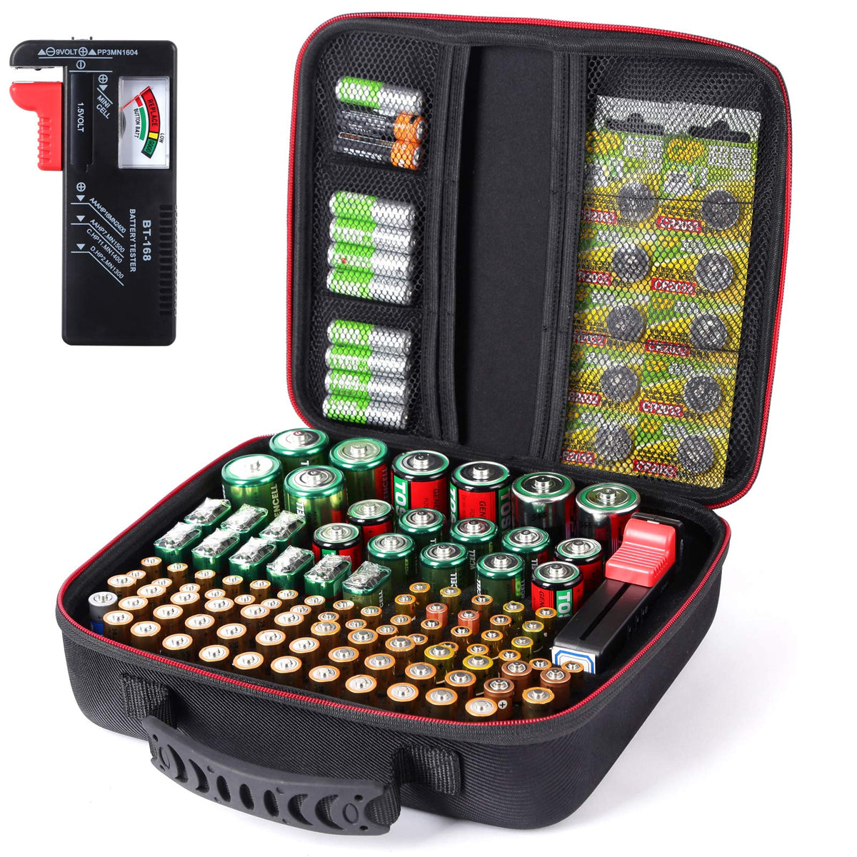 Glamgen battery Organizer Storage Case with Tester BT168 - Hard Case Holds 104 AA AAA C D 9V, Storage Box with Capacity Indicator (Batteries Not