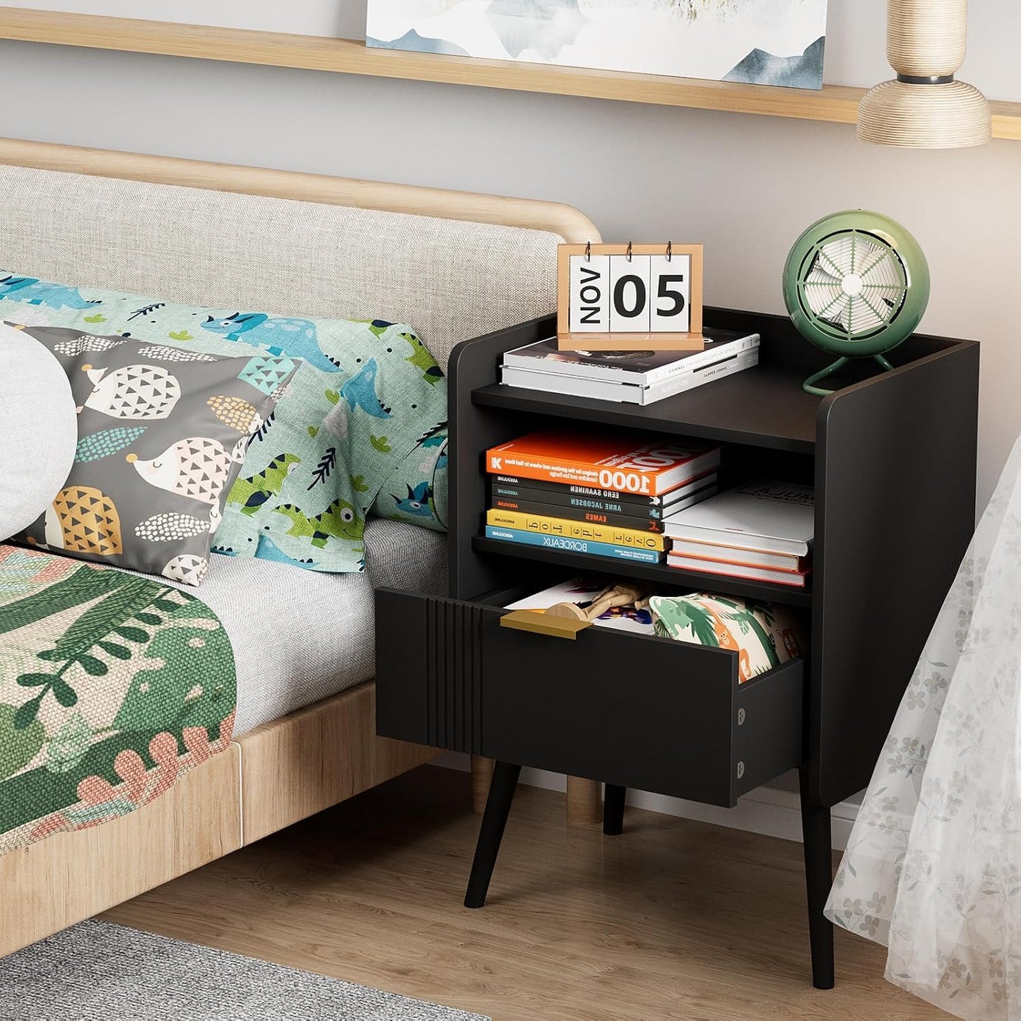 Bedside Table, Nightstand, Bed Side Table with Wood Decorated Drawers