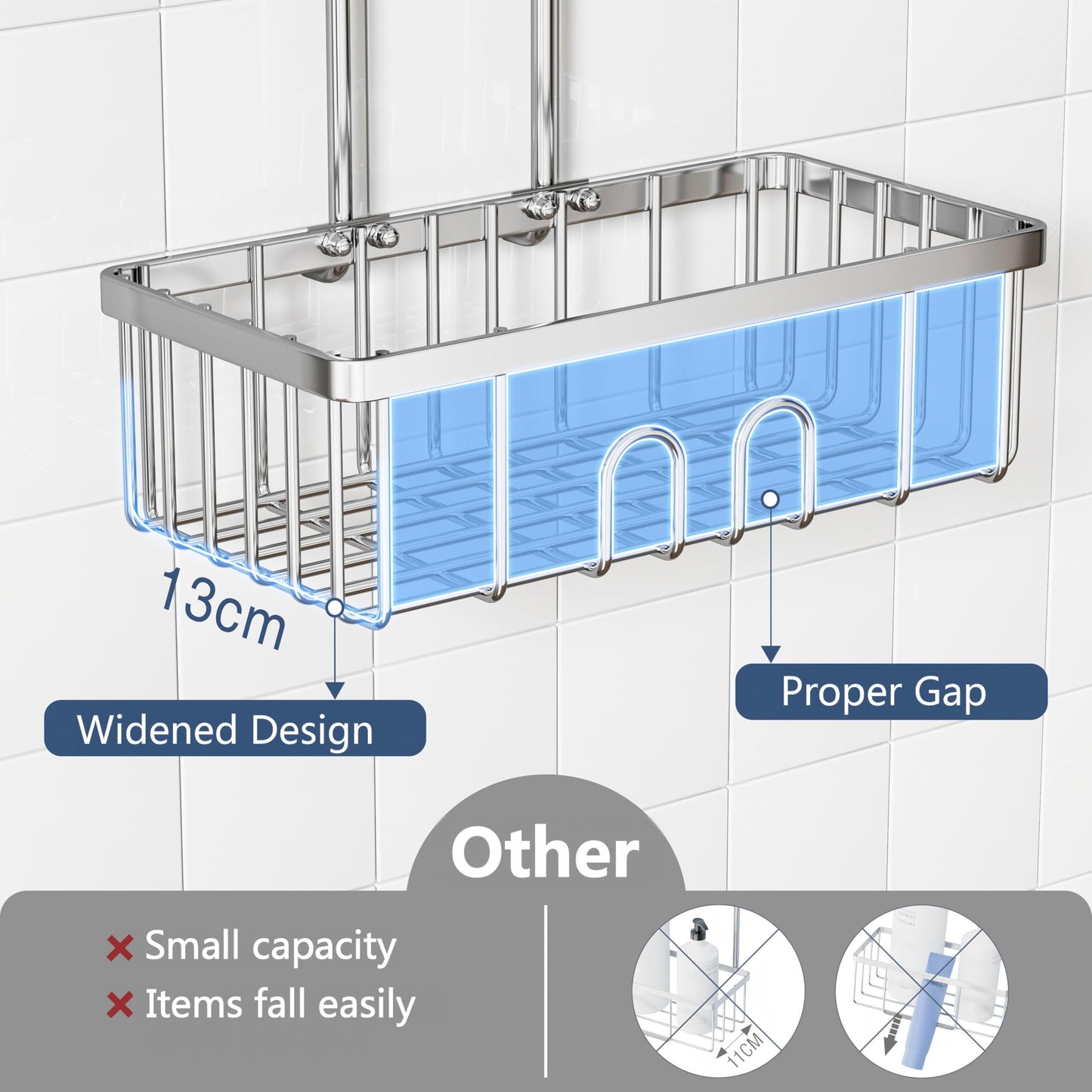 Shower Caddy Hanging SUS304 Stainless Steel No-Drilling Organiser Storage