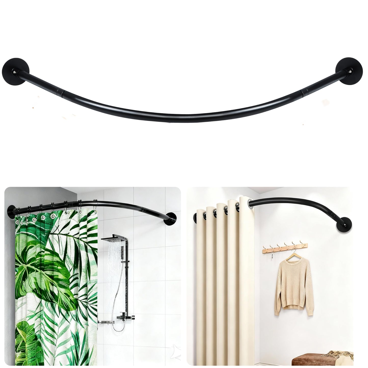 ZAIONE L-Shaped Shower Curtain Rail: Adjustable 90-130 x 90-130cm Corner Curved Black Curtain Pole Rod Drill Or No Drill