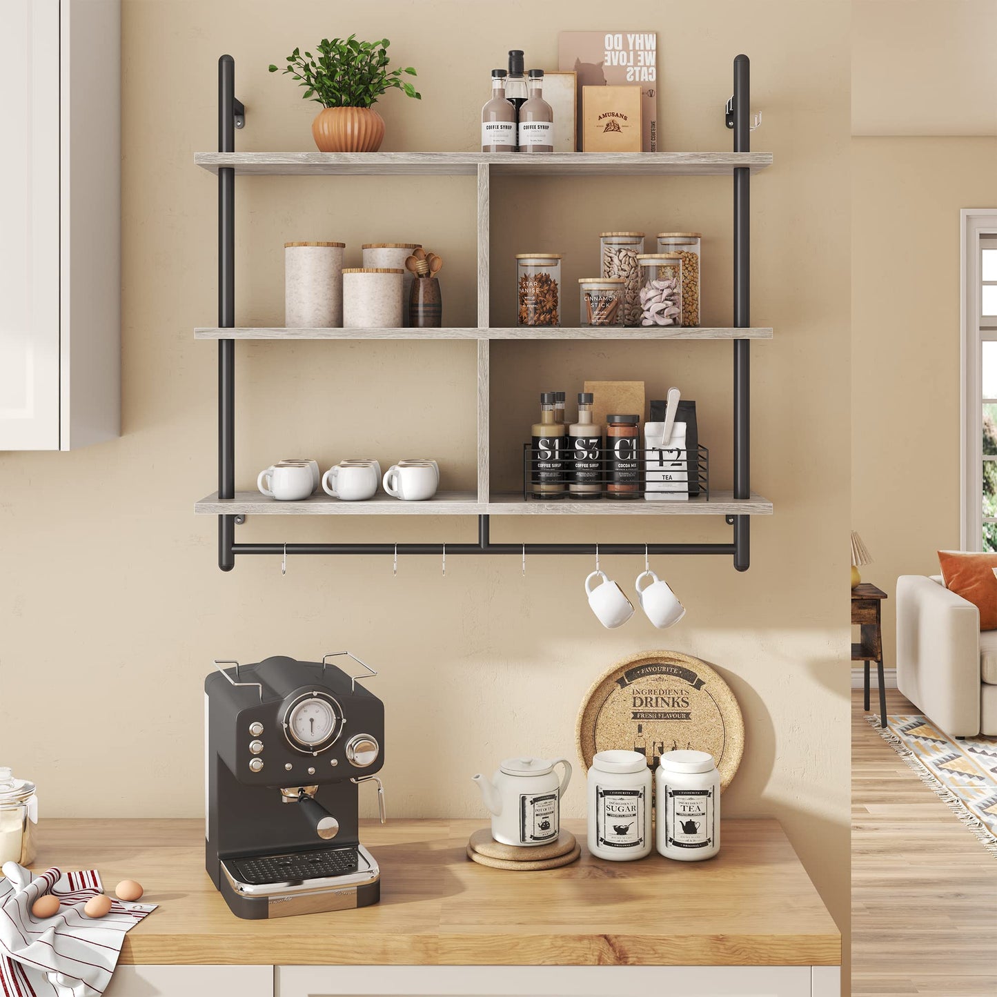 Bestier 3 Tier Floating Pipe Shelving 115CM Industrial Wall Mounted Ladder Shelf Hanging with Circular Tube with Hooks Wood Display Storage Home Decor