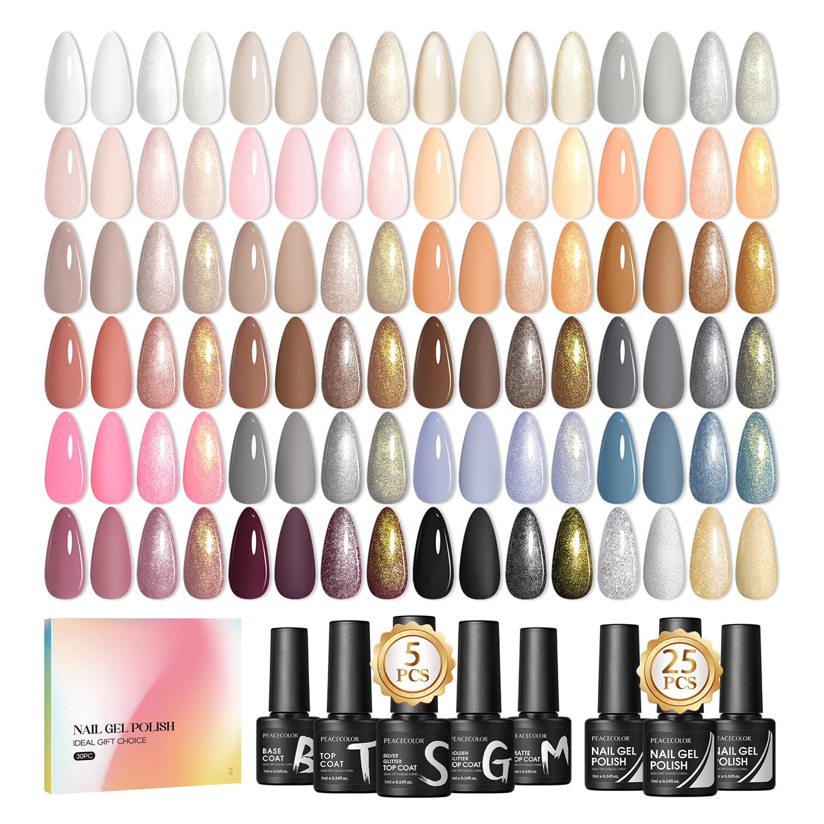 PEACECOLOR 30PCS Gel Nail Polish Set, Soak Off Gel Polish Set Nude White Brown Nail Kit with Base Coat and Glitter Matte & Glossy Top Coat Nail Art