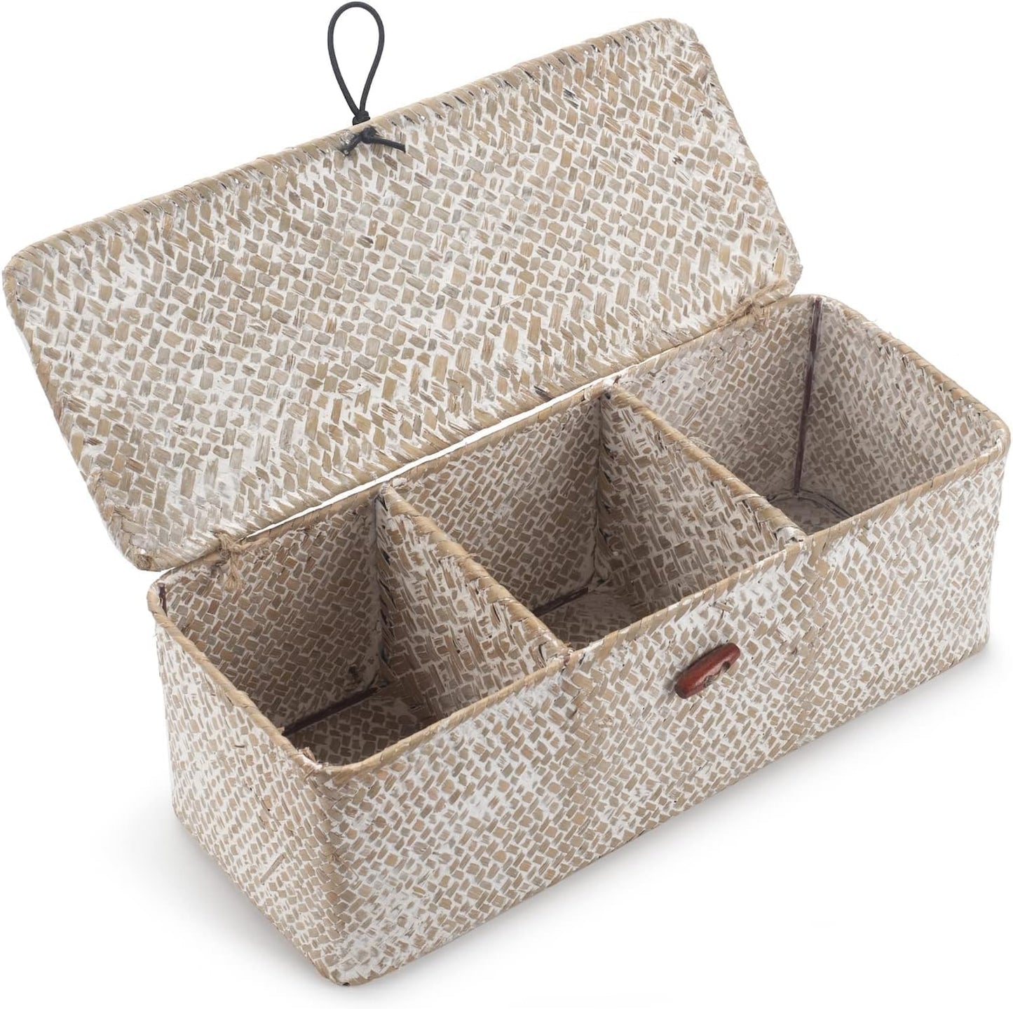 Seagrass Bathroom Storage Basket with Lid, Wicker Toilet Tank Basket, Woven Storage Box with 3 Compartments for Organizer (White, 13 x 13 x 11 cm)