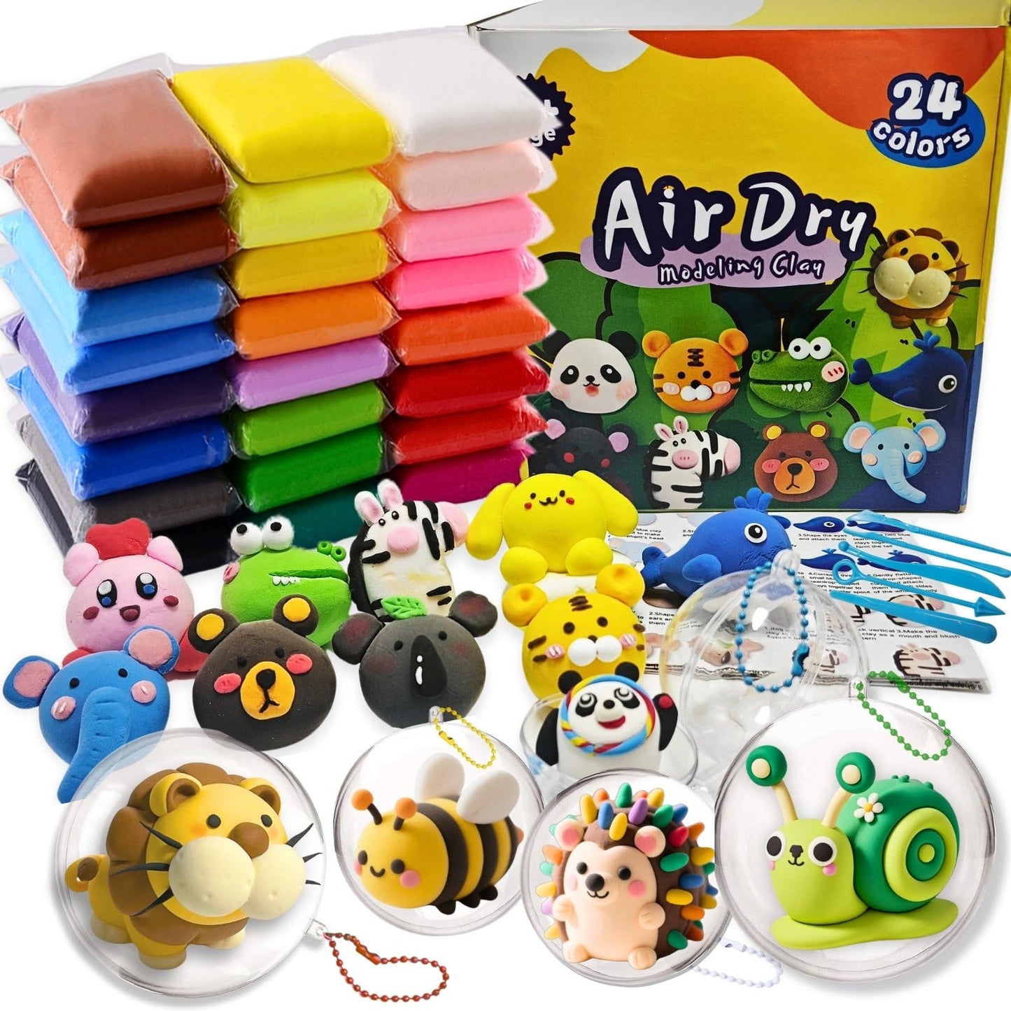 Air Dry Clay Kit,24 Colors Plasticine with 5 Pcs Tools,4 Fillable Balls,Ball Chains and Tutorials,Plasticine Modelling Clay, DIY Present for Boys &