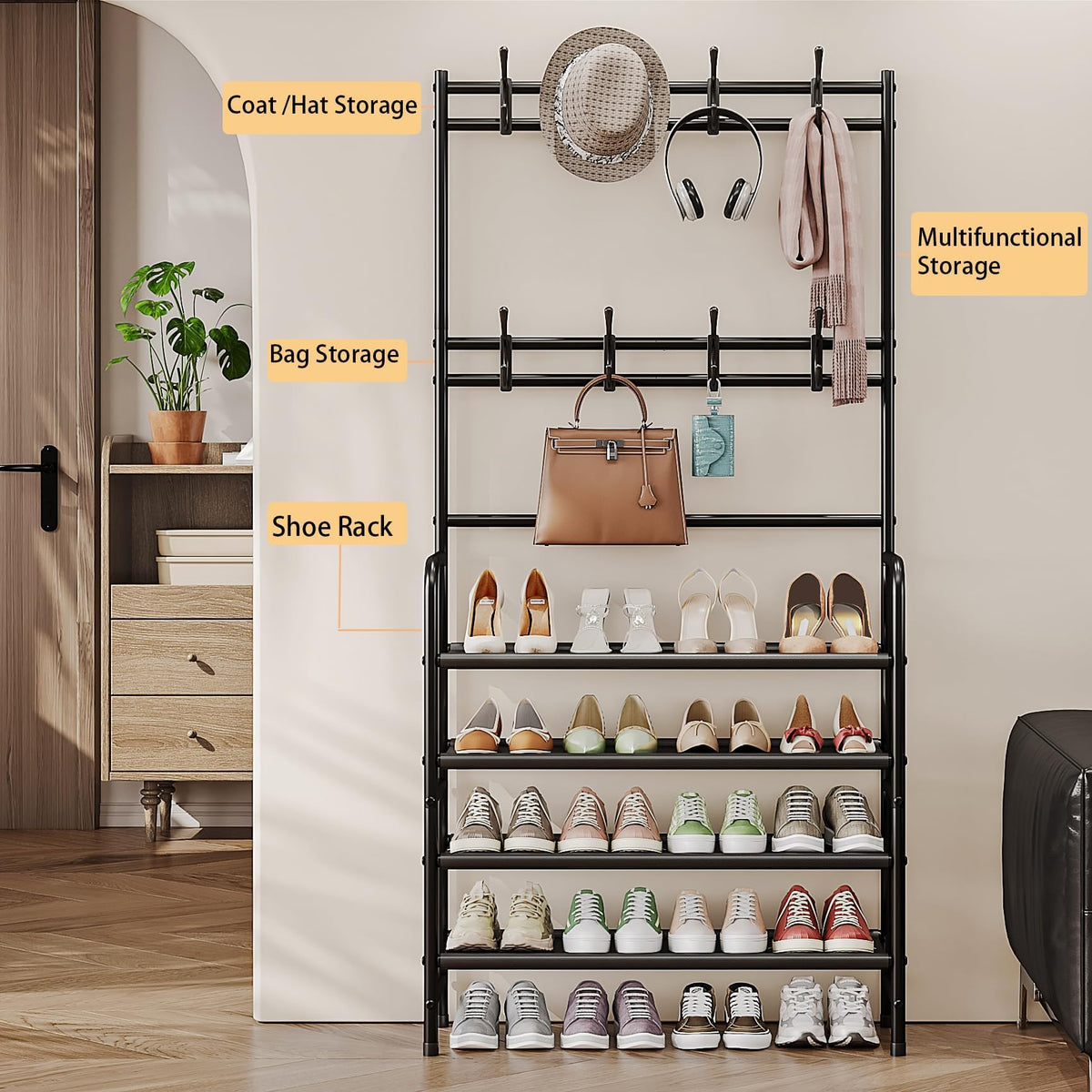 Dazioter Coat Rack Shoe Rack With Storage Shelf Freestanding with 8 Hooks for Entryway Bedroom Closet 4 Tier, Black