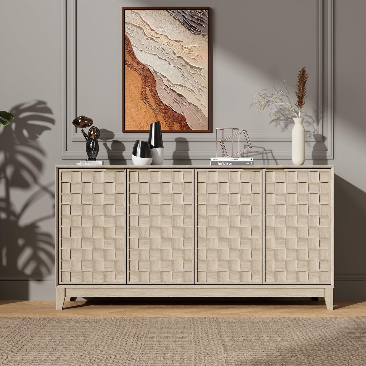 COLAMY Sideboard Cabinet, Wooden Sideboard Cabinet with 4 Doors, Textured Design, Adjustable Shelves, Soft Close Hinges