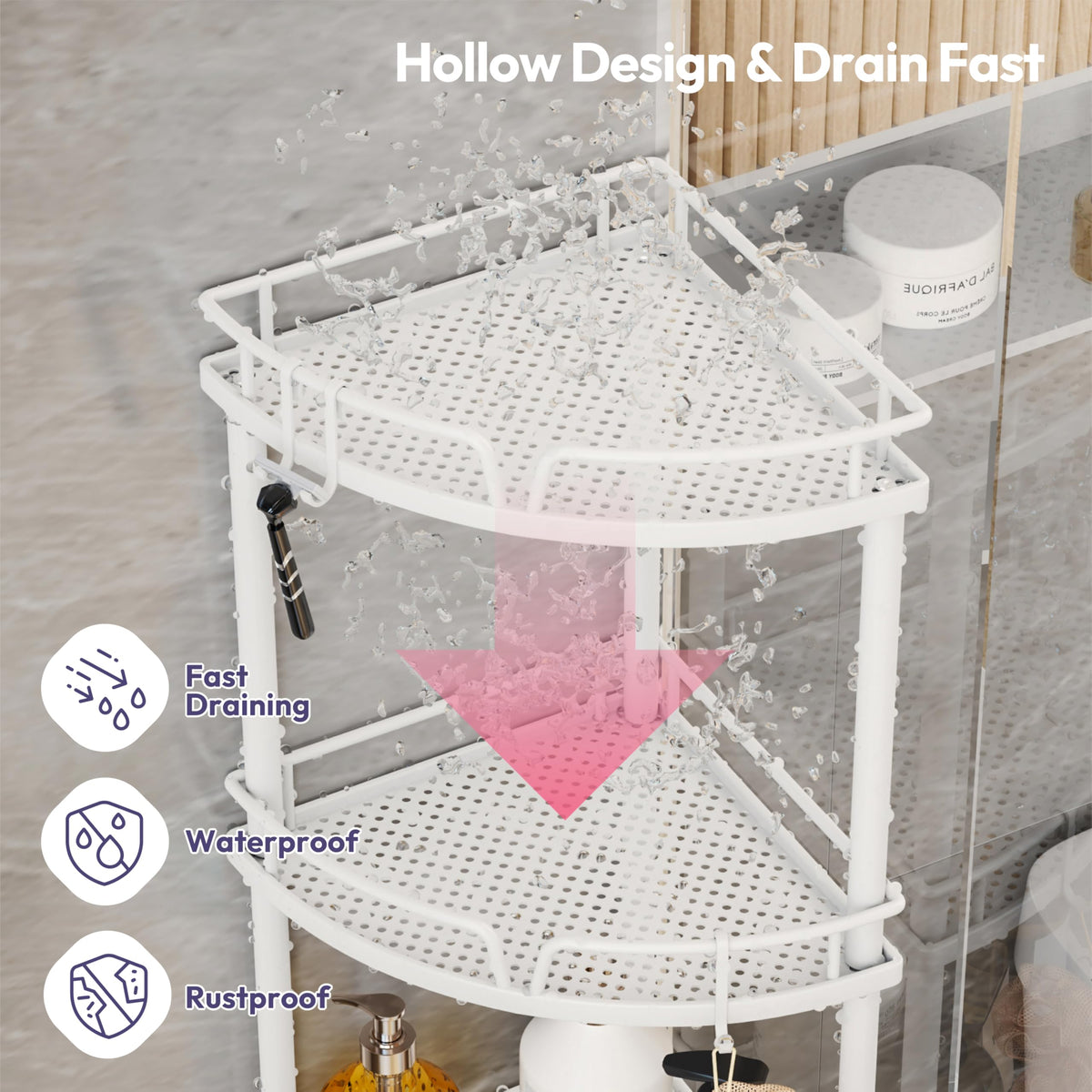 SWTYMIKI Corner Shower Caddy - 4 tier Bathroom Shelf Shower Organizer Corner with 4 Hooks, Rust Free Standing Bathroom Accessories with Soap Holder