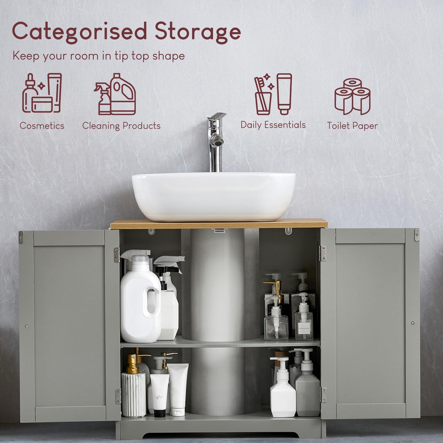 Bath Vida Priano 2 Door Under Sink Cabinet | Grey & Oak | 60 H x 60 W x 30 D cm | Adjustable Shelf Space | Freestanding Storage Basin Unit | Compact