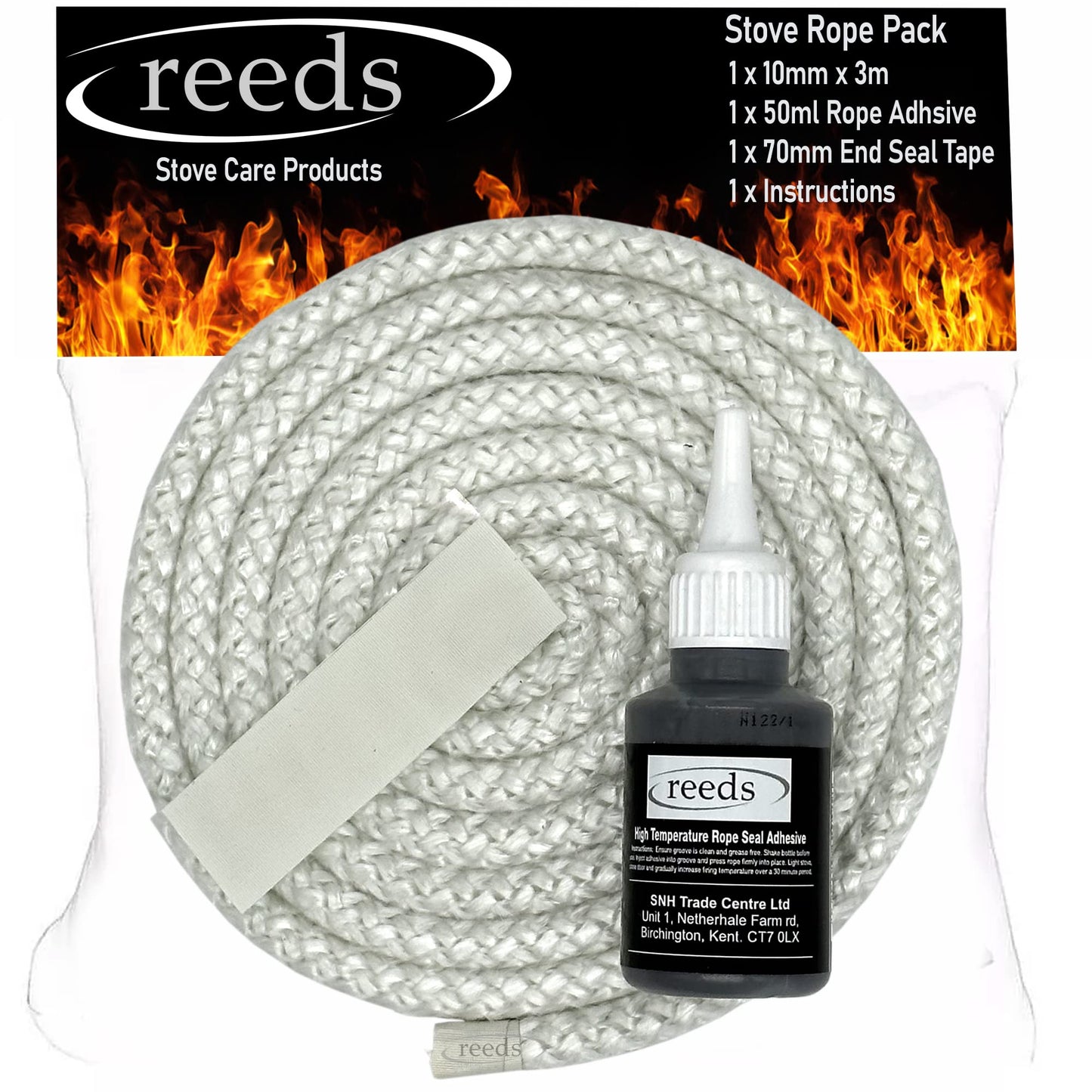 FLUE2U Stove Fire Rope 10mm x 3m Length & Reeds Glue 50ml Kit Woodburner Log Burner Door Seal Kit