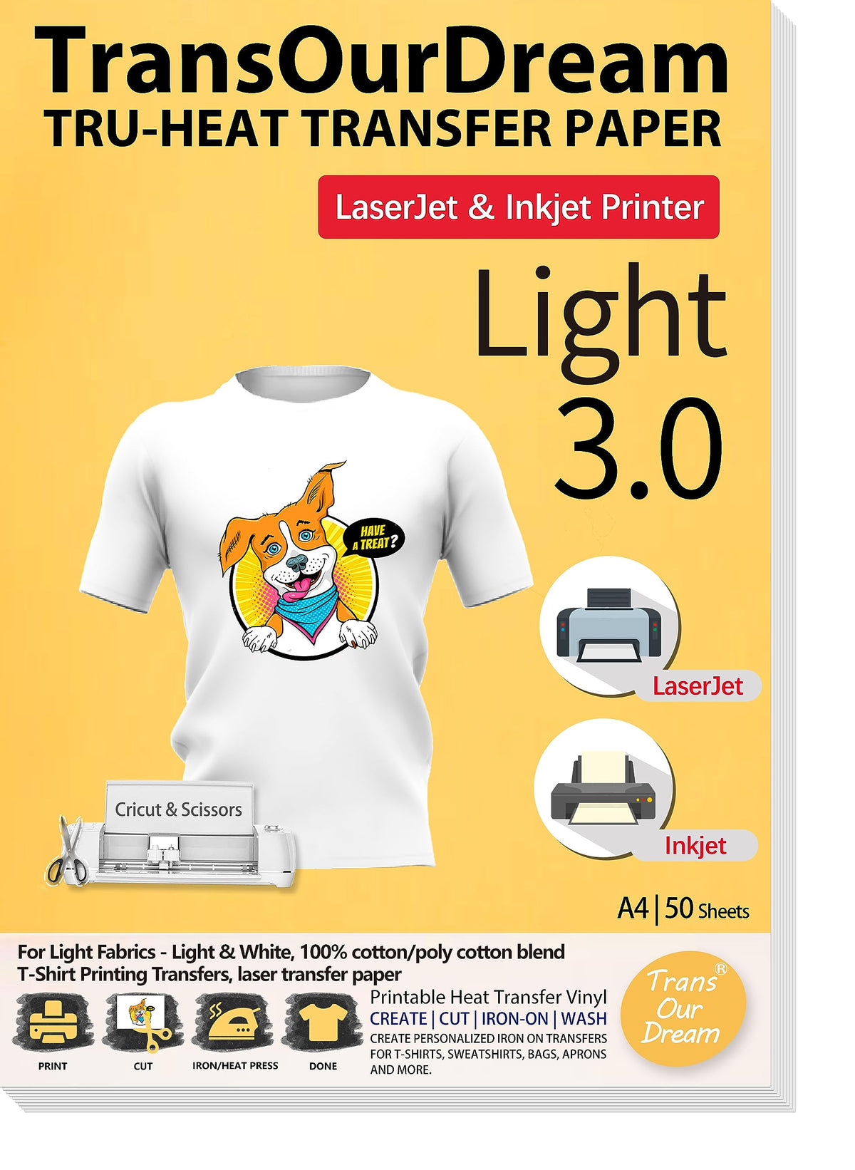 TransOurDream Tru-T Shirt Transfer Paper 50 Sheets A4 Iron On Transfers for Inkjet & Laser Printer Printable HTV Heat Transfer Vinyl for White and