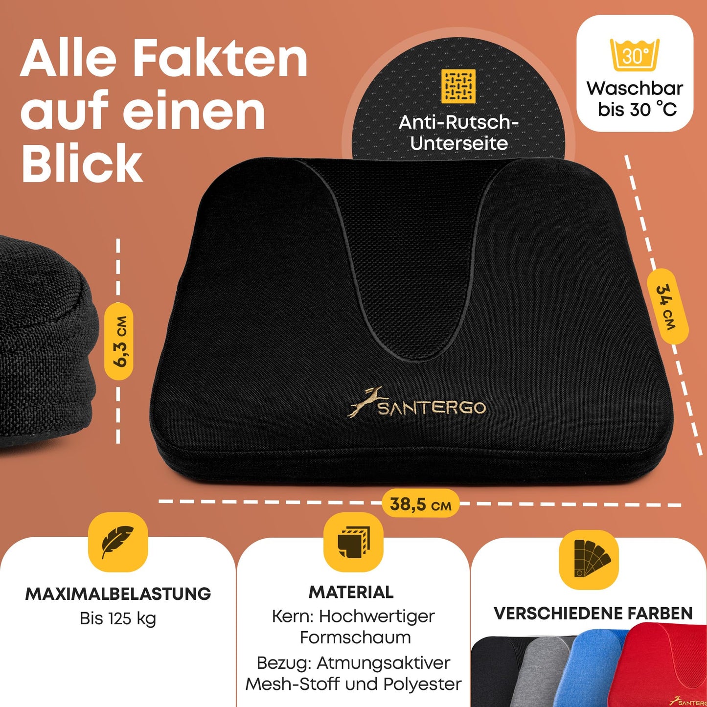 SANTERGO Ergonomic Seat Cushion Made of Moulded Foam [Patented & Dimensionally Stable] Chair Cushion Wedge Cushion Chair Office Chair Wheelchair Car