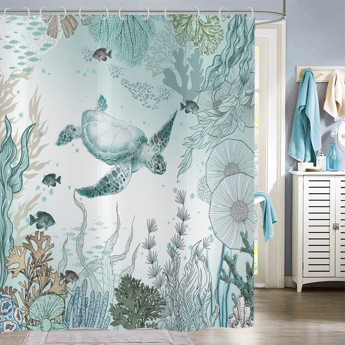 Sea Turtle Shower Curtain 180x200, Hnmdmyi Nautical Coastal Tropical Fish Coral Teal Ocean Themed Underwater Marine Life Bathroom Curtains Waterproof
