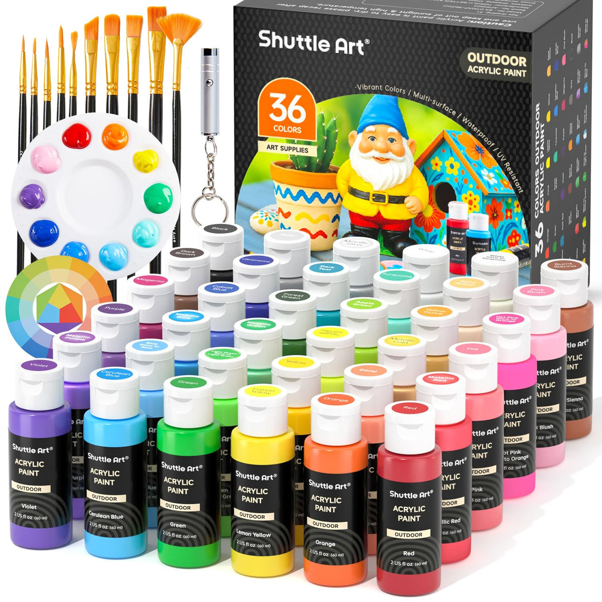 Shuttle Art Outdoor Acrylic Paint Set, 36 Colours 2oz/60ml Paint for Garden Ornaments with 10 Brushes 1 Palette, Waterproof Painting Set for Artists,