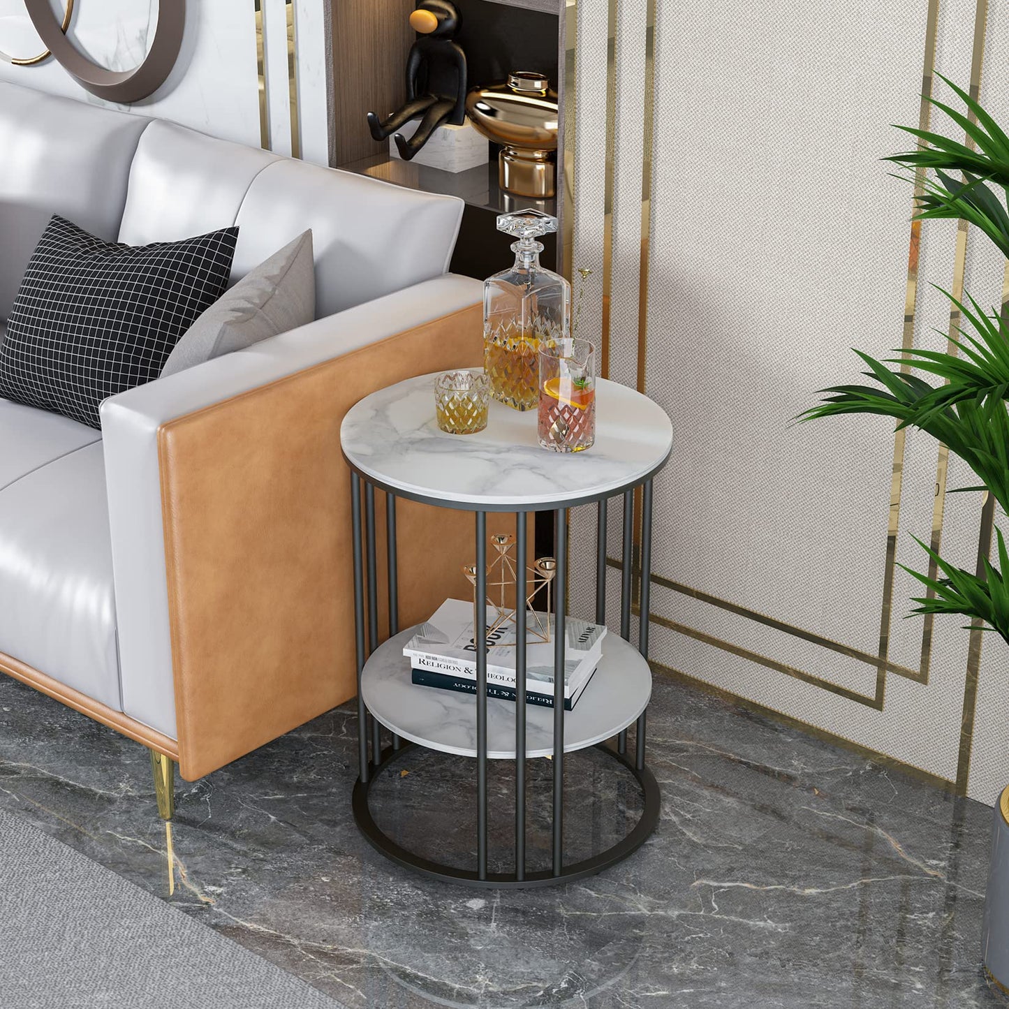 FATIVO Round Side Table Sintered Stone White Marble Top 40x54cm Black Leg