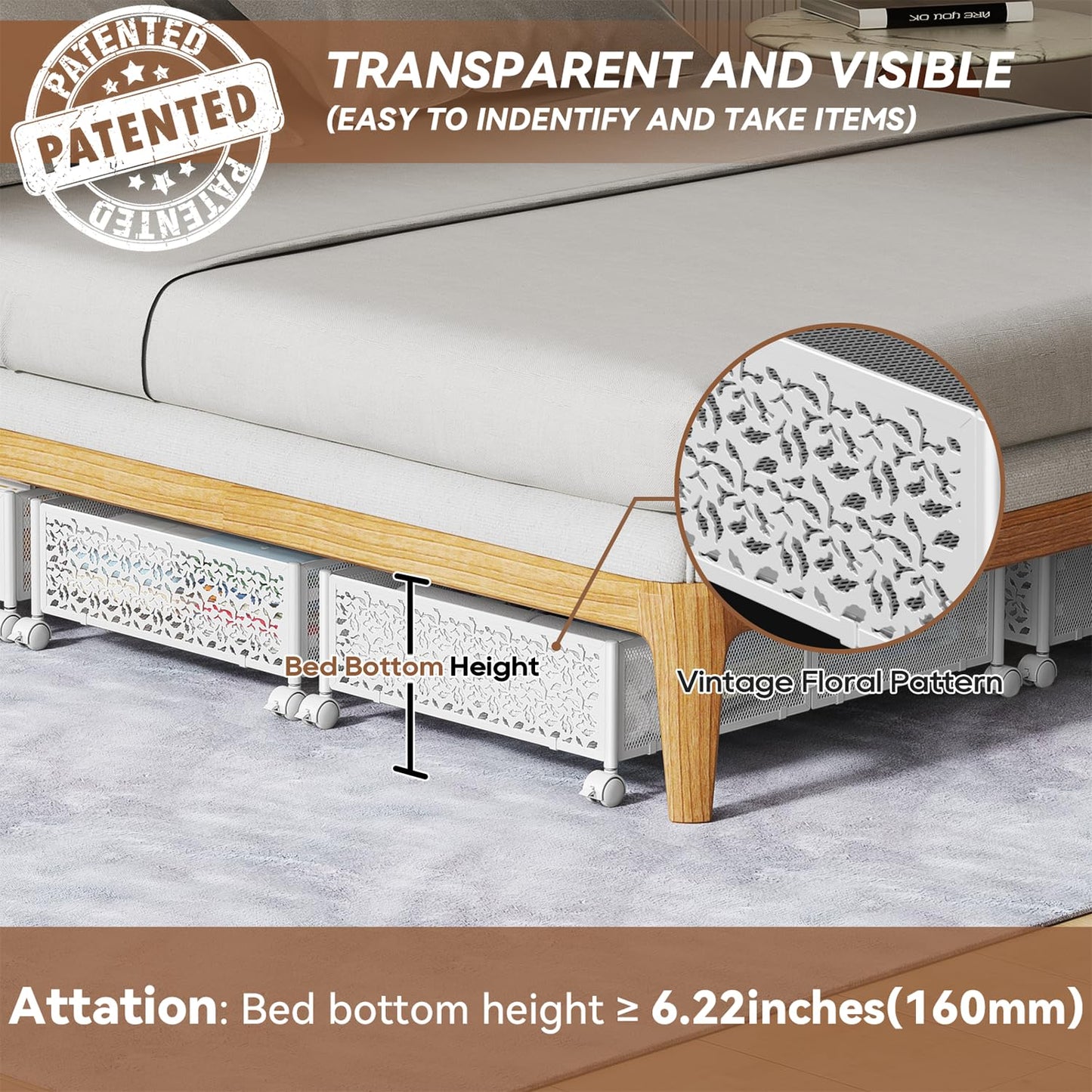 PHINOX Under Bed Storage Box on Wheels, Metal, White, 2 Pack