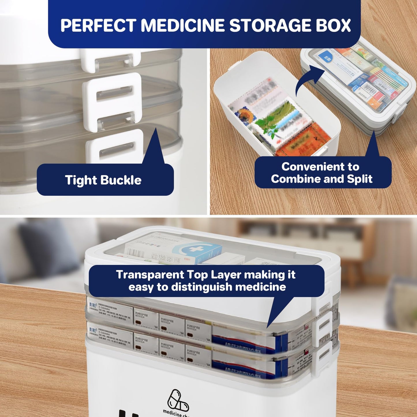 Clickinline Medicine Storage Box,Large 4-Layer Boxes,Portable Medicine Boxes with Lid,Multi-Grid Household Medical Organiser Container for Home