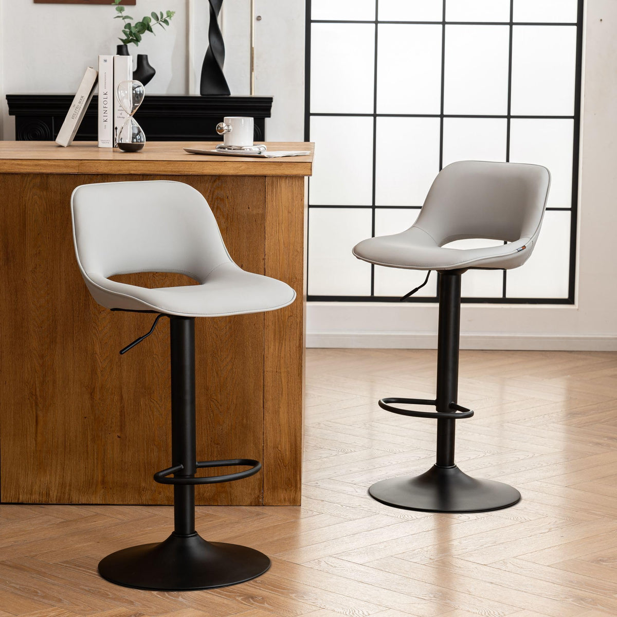 YOUNIKE Bar Stools Set of 2 Modern Breakfast Barstools, Adjustable Swivel Counter Height Bar Chairs Faux Leather Upholstered Counter Stools with