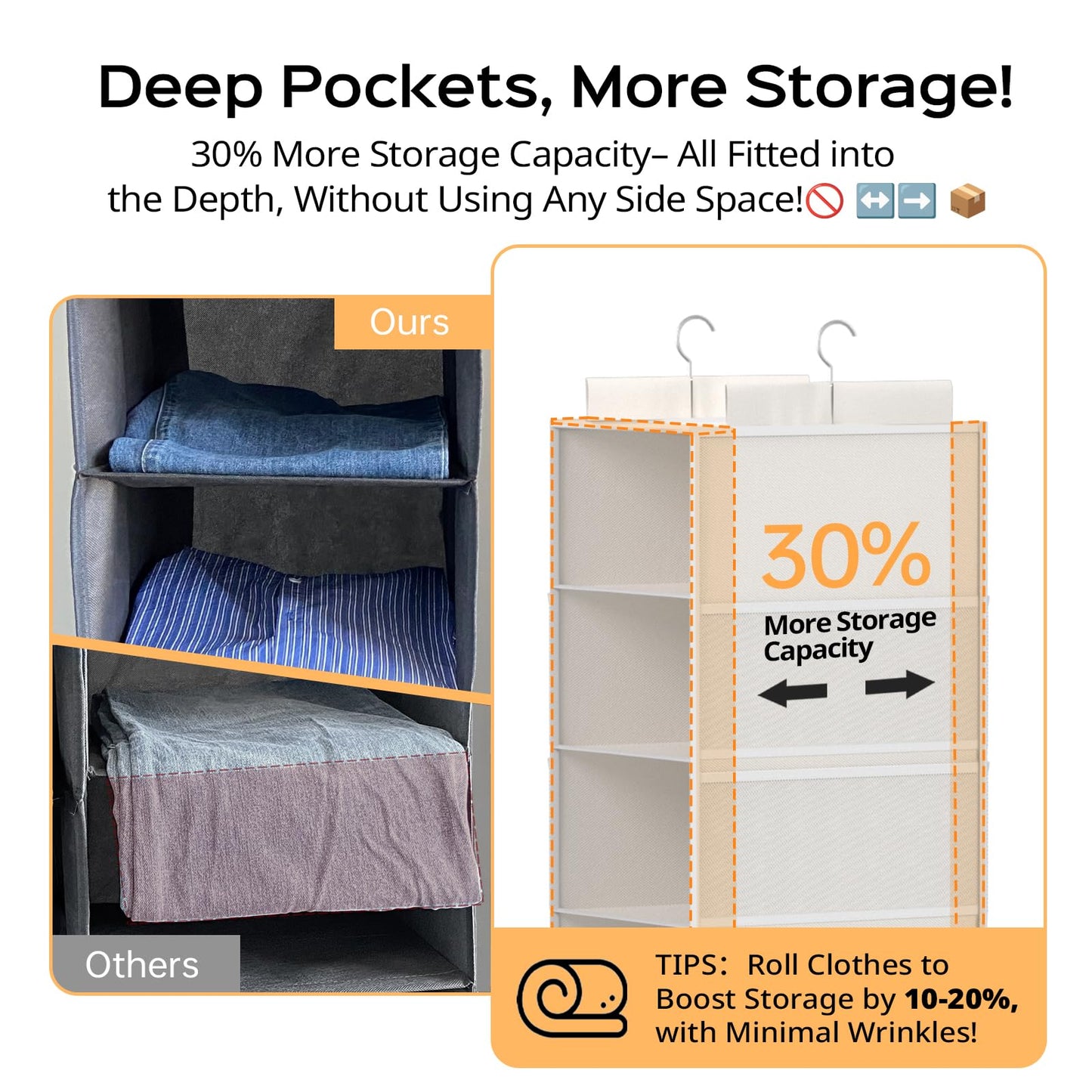 ALLTIDYUP Extra Deep Hanging Wardrobe Organizer – 5-Shelf Closet Storage with Large Mesh Pockets, Heavy-Duty Clothes Organizer, Perfect for Dorms