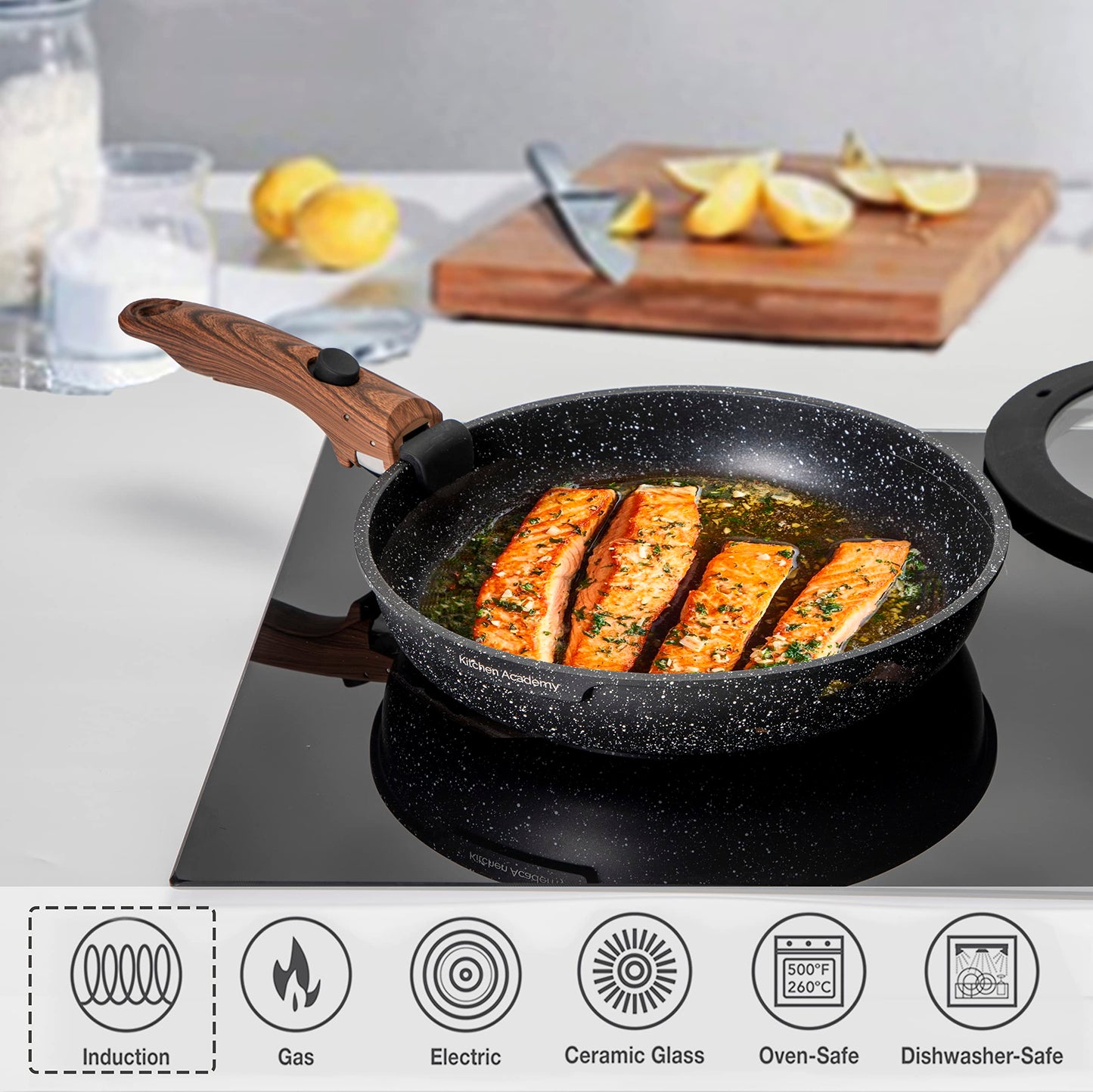 Kitchen Academy Non Stick Pots and Pans Set, Detachable Handle Induction Hob Pans Set,10 Piece Black Granite Cookware Set with Removable Handle