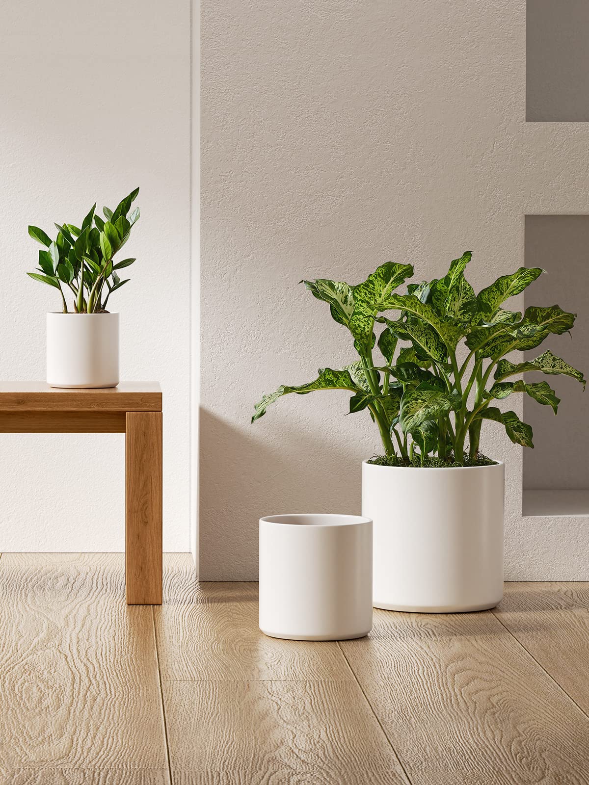 LE TAUCI 15+20+25 cm Plant Pots Set, Ceramic Planters for Indoor Plants, Mid-Century Modern Flower Planter Pots with Drainage Hole and Plug, Cylinder