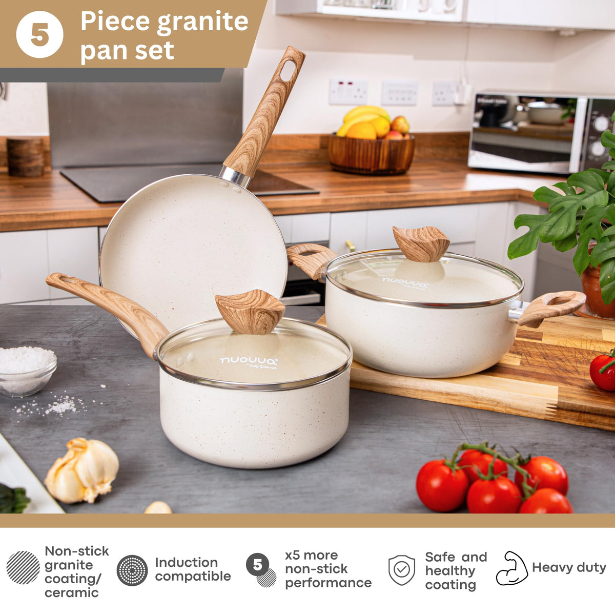 Non Stick Pots and Pans Set  Induction Hob Pots Set  5pcs Kitchen Cookware with Lids  Cooking Cream Granite Saucepan Pots and Frying Pans  by