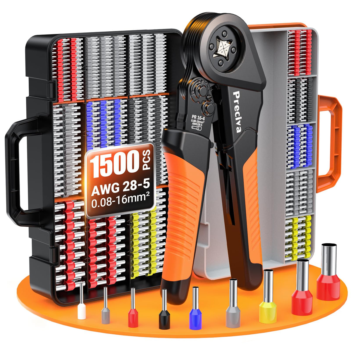 Bootlace Ferrule Crimping Tool Kit, Preciva 0.08-16mm?/AWG 28-5 Ferrules Crimper with 1500pcs Connectors, Wire Crimp Tools, Self-Adjustable Ratchet