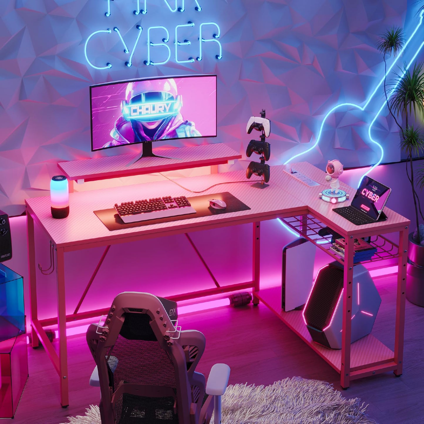 Bestier L-Shaped RGB Gaming Desk 132CM with Power Outlets & USB, Reversible Corner Setup with Shelves & Hooks