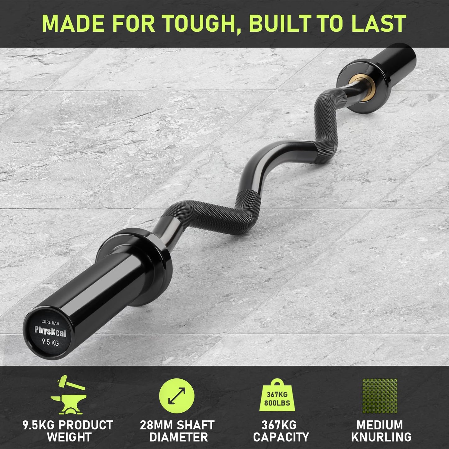 PhysKcal EZ Curl Bar, 47 Inches Super EZ Weight Lifting Bar for Standard 2 Inches Weight Plates, Excellent for Gaining Biceps and Triceps, Full Black