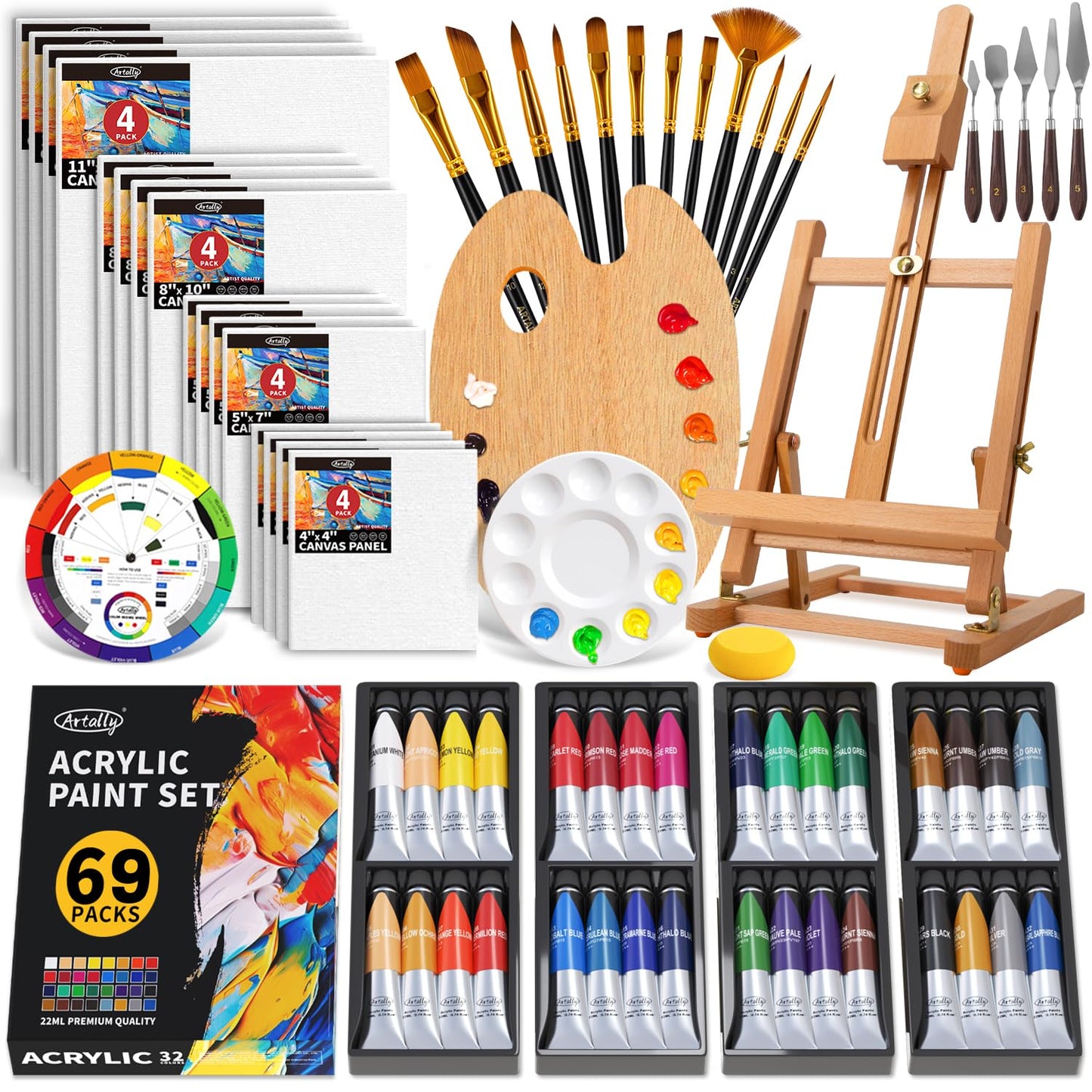 69-Piece Professional Acrylic Paint Set, Complete Painting kit with 32 Colours Paint(22ML), Wooden Tabletop Easel, 12 Paint Brushes, 16 Canvas, Art