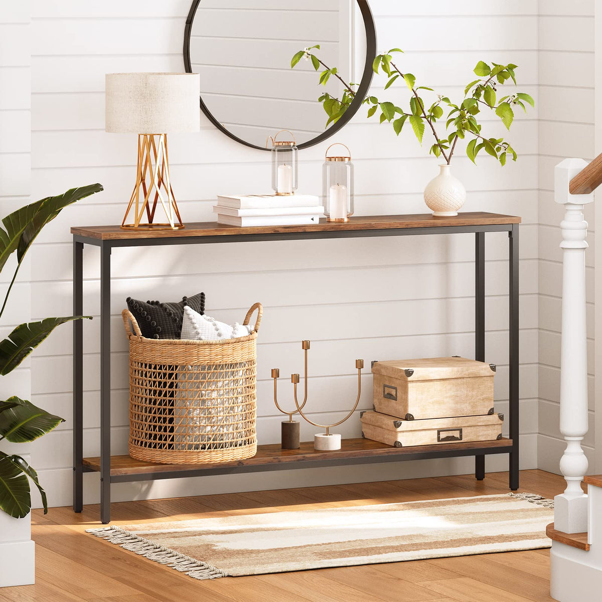 HOOBRO Console Table Slim, 120 cm Long Narrow Hallway Table with Shelf, Industrial Sofa Table for Living Room, Hallway,Entryway, Foyer, Office