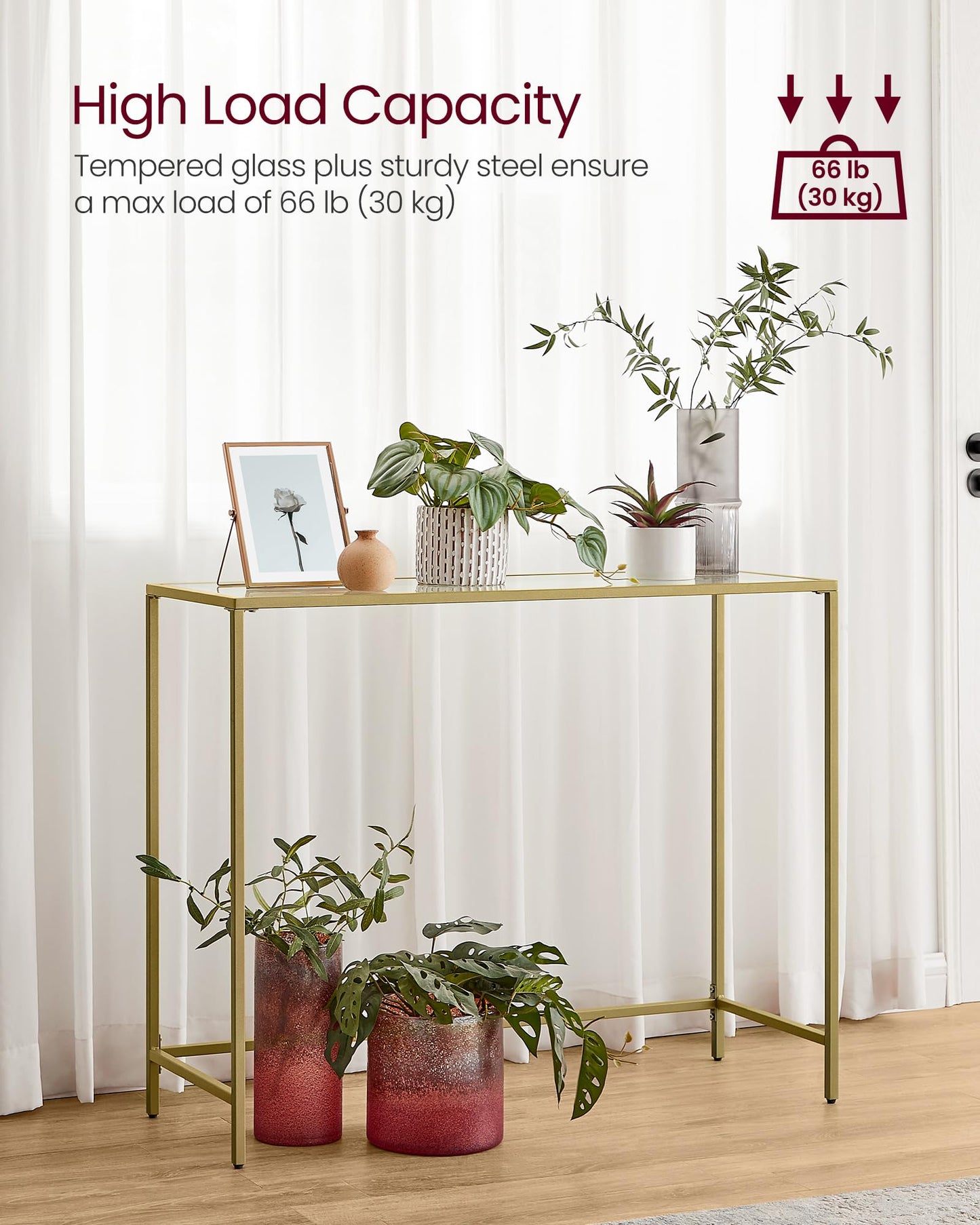 VASAGLE Console Table, Tempered Glass Table Top, Metal Frame, Heavy Duty, Adjustable Legs, for Living Room, Entryway, Hallway, Gold LGT26G