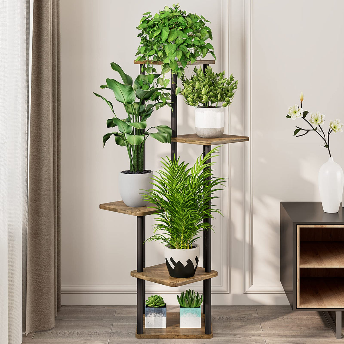 AZERPIAN Plant Stand 5 Tier Indoor Metal Flower Shelf for Multiple Plants Corner Tall Flower Holders for Patio Garden Living Room Balcony Bedroom,